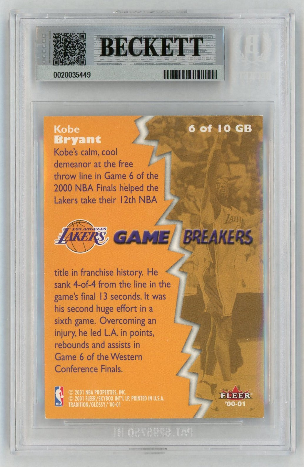 2000 Fleer Glossy #6 Kobe Bryant Game Breakers BGS 7