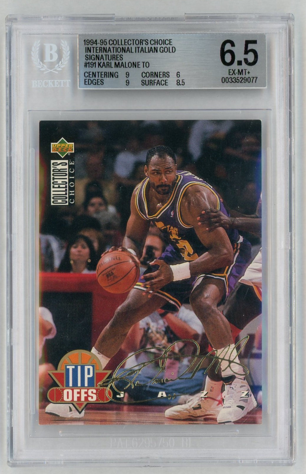 1994-95 Collector's Choice #191 Karl Malone Tip-Offs Intl Italian Gold Facsimilie Auto BGS 6.5