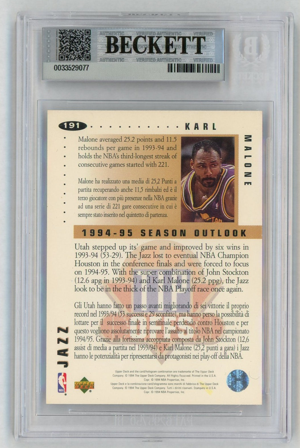1994-95 Collector's Choice #191 Karl Malone Tip-Offs Intl Italian Gold Facsimilie Auto BGS 6.5
