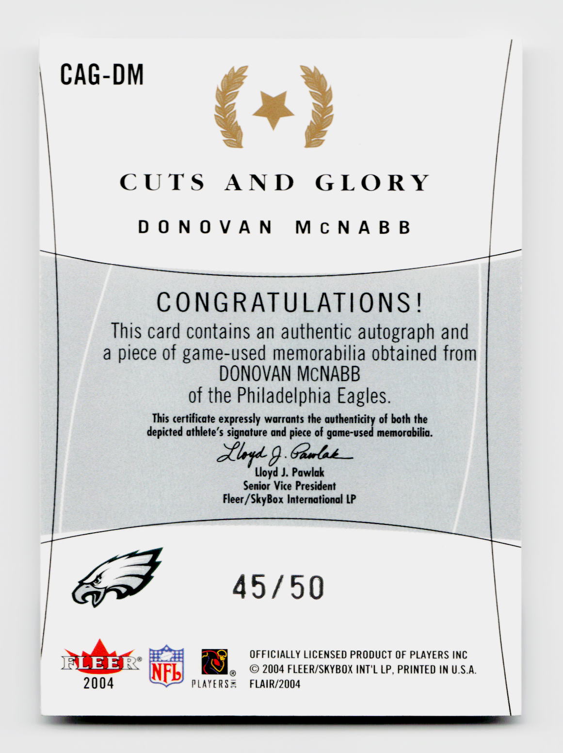 2004 Flair #CAG-DM Donovan McNabb 45/50 Cuts and Glory Patch Auto