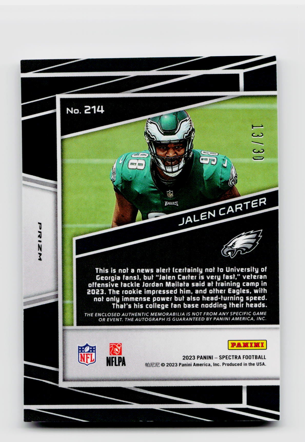 2023 Panini Spectra #214 Jalen Carter /30 Rookie Patch Auto