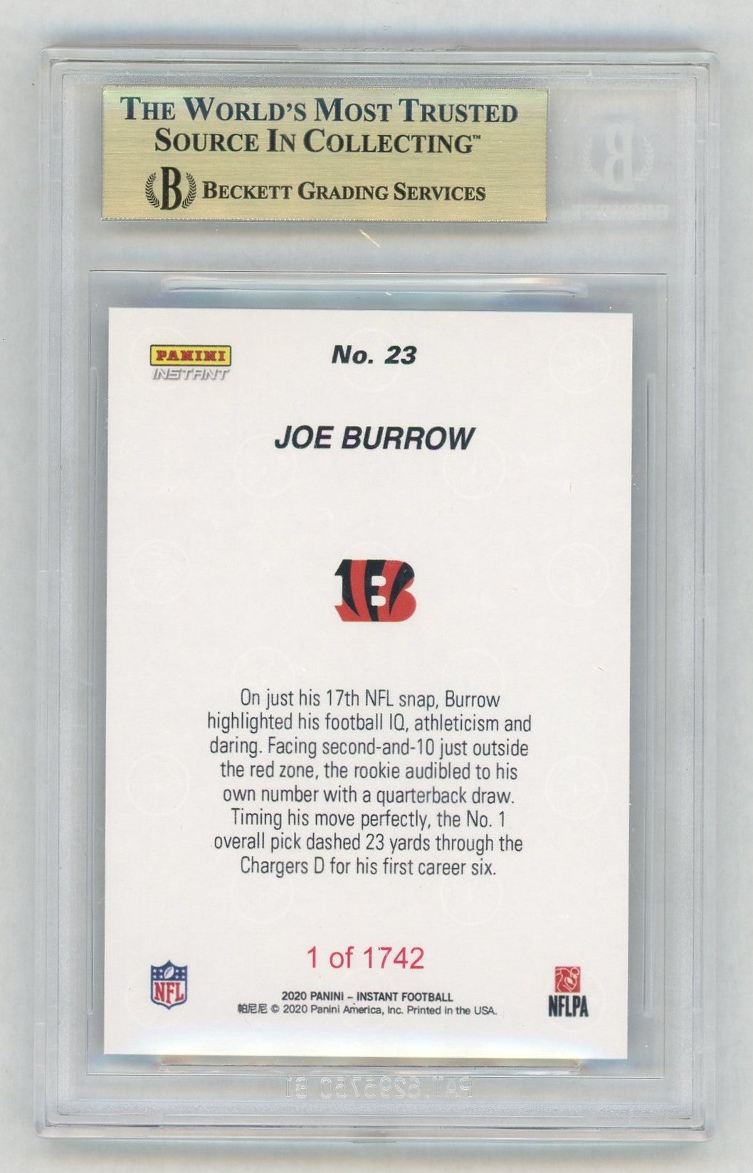 2020 Panini Instant NFL Joe Burrow #23 /1742 BGS 10