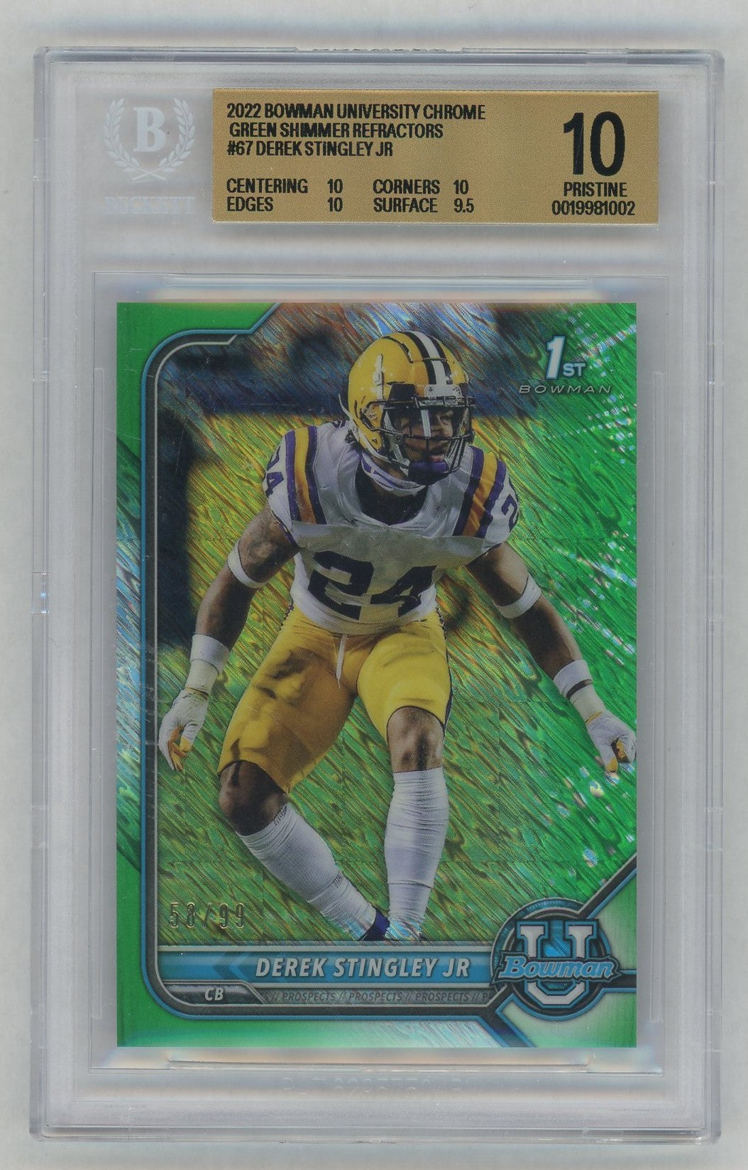 2022 Bowman U Chrome #67 Derek Stingley Jr 1st Rookie RC Green Shimmer /99 BGS 10