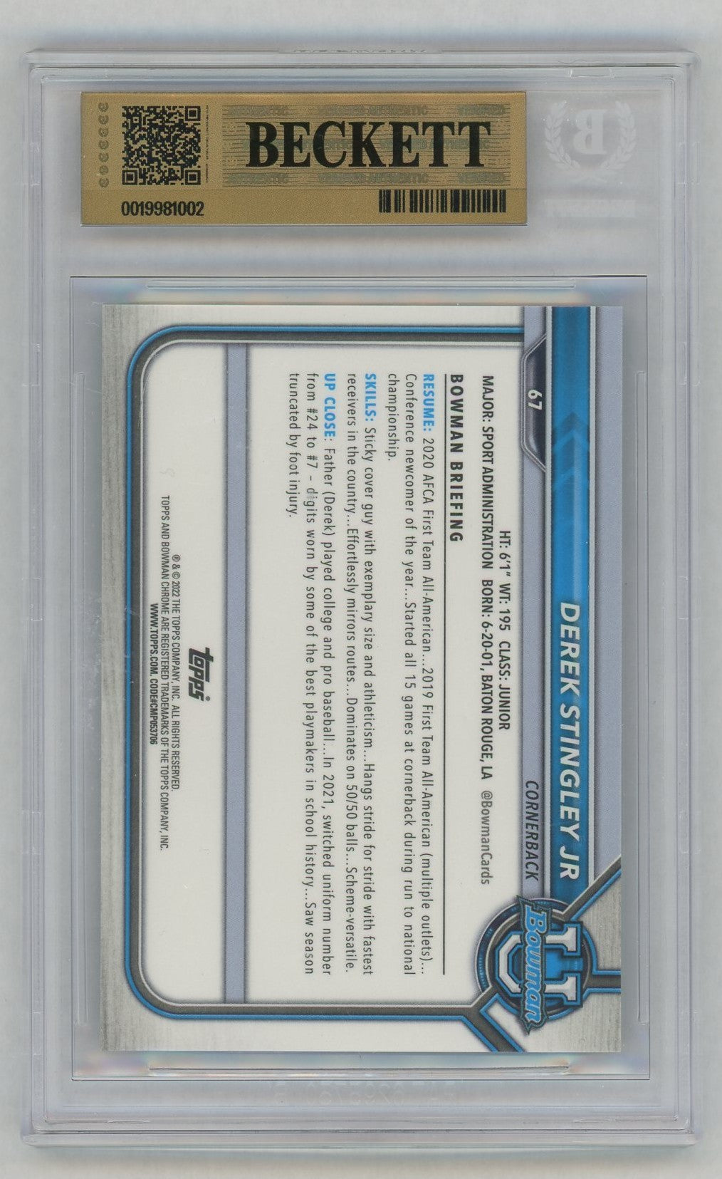 2022 Bowman U Chrome #67 Derek Stingley Jr 1st Rookie RC Green Shimmer /99 BGS 10