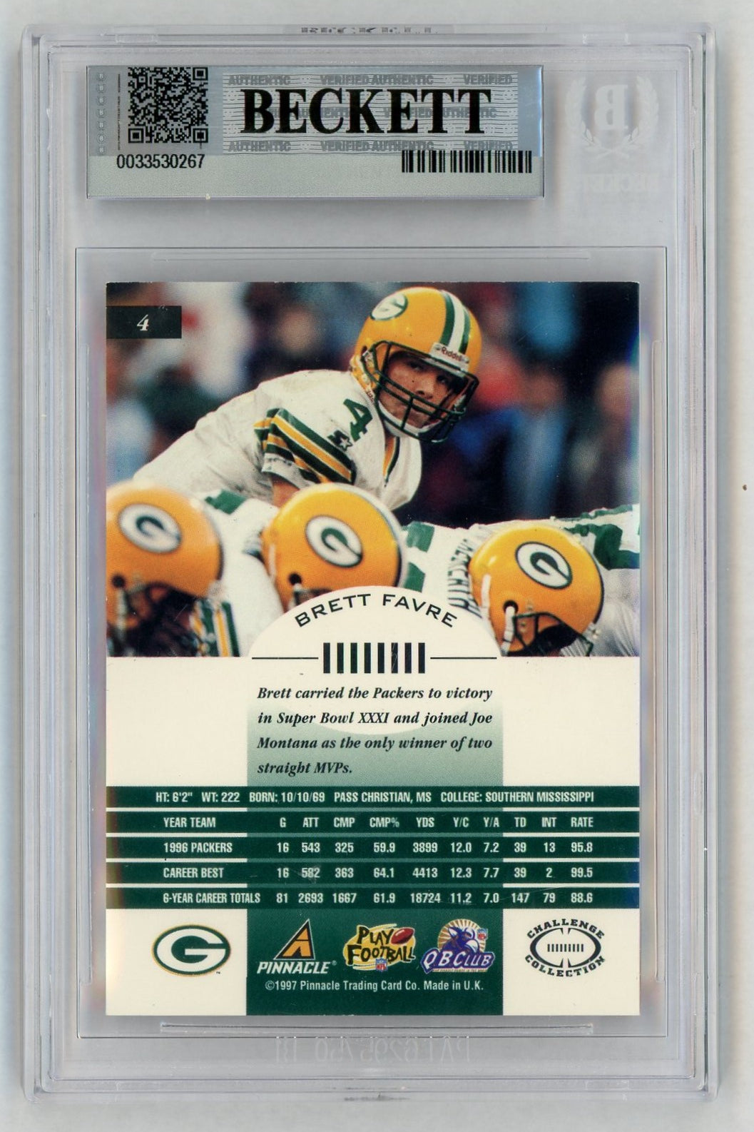 1997 Pinnacle Inscriptions Challenge Collection #4 Brett Favre  BGS 9