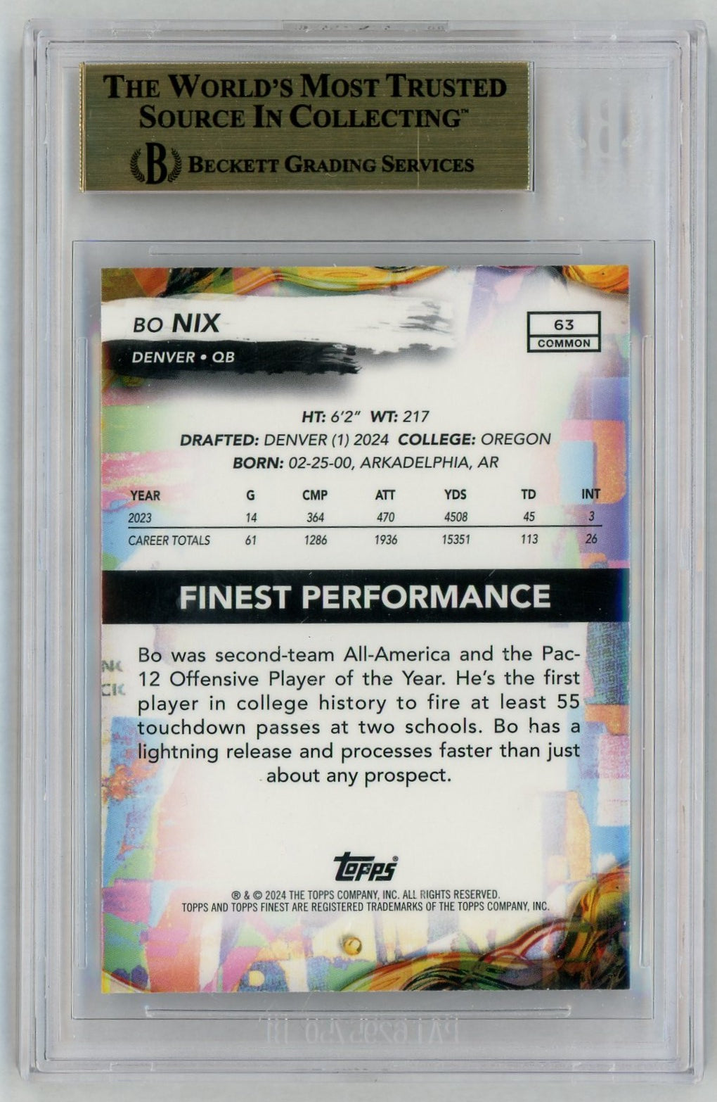 2024 Finest #63 Bo Nix Rookie RC BGS Pristine 10