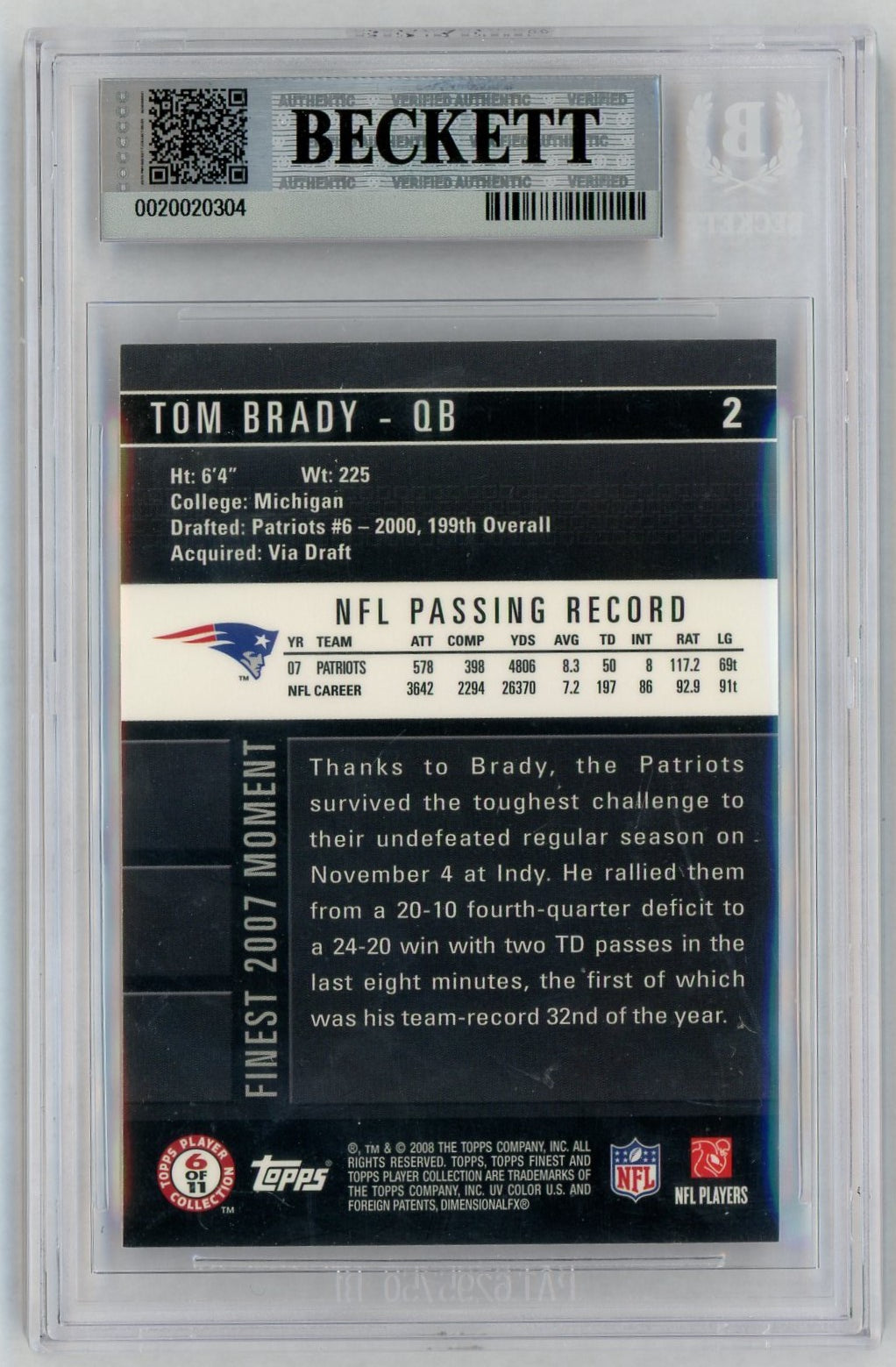 2008 Finest #2 Tom Brady BGS 8
