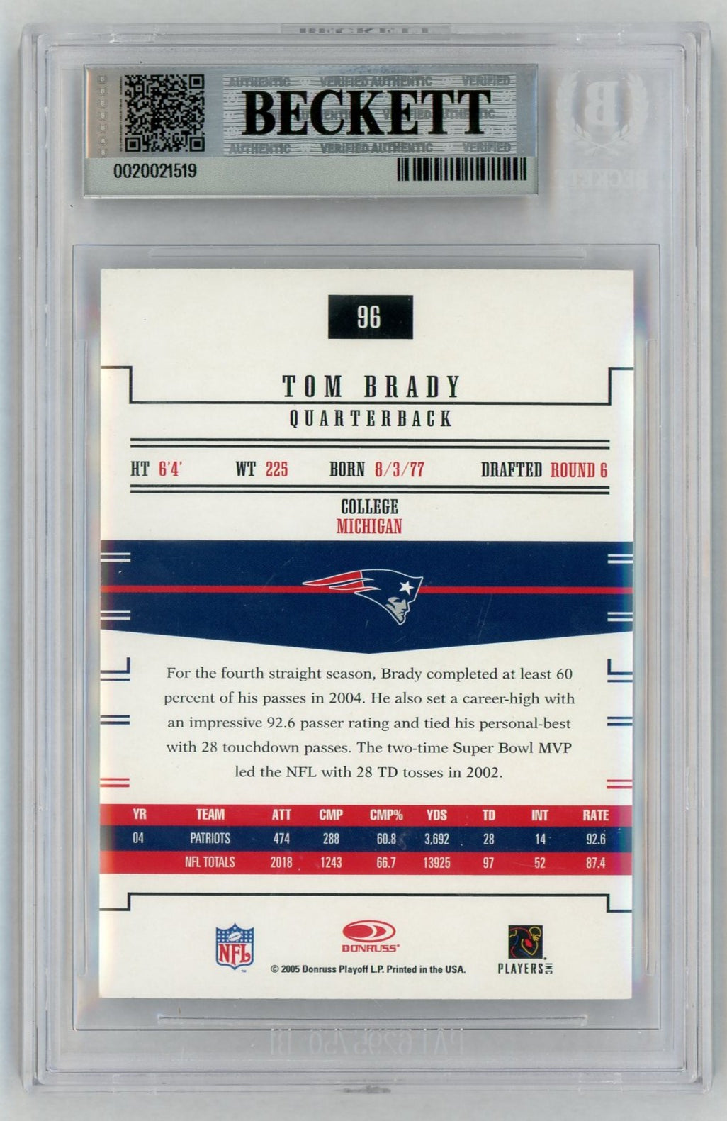 2005 Donruss #96 Tom Brady Gridiron Gear BGS 9