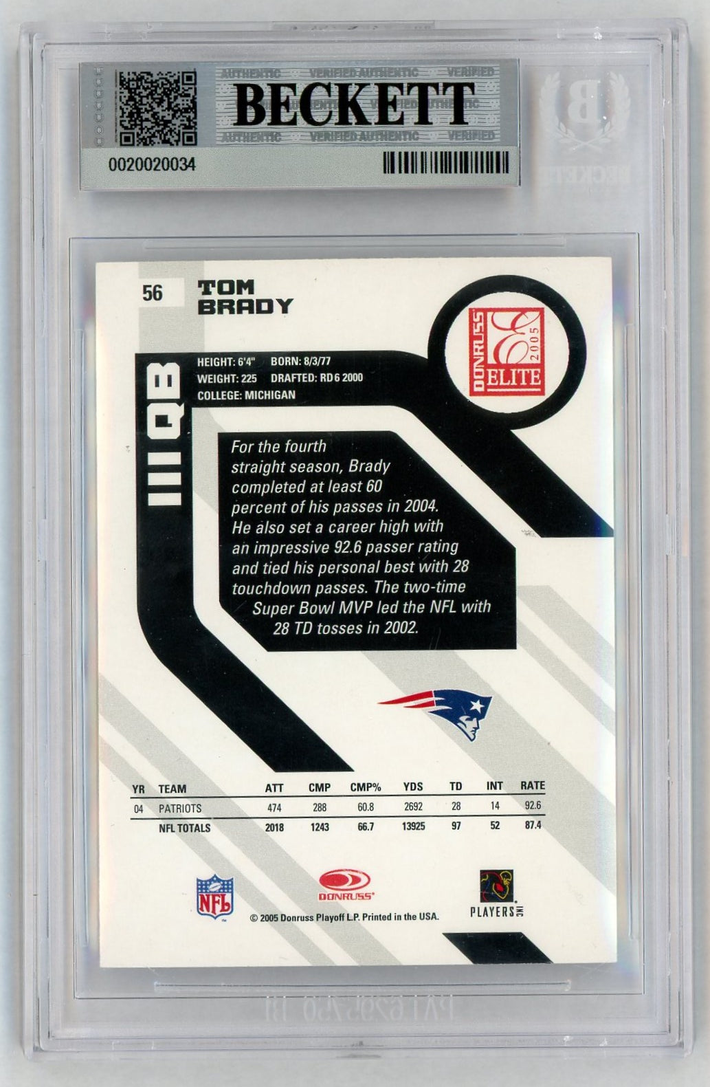2005 Donruss Elite #56 Tom Brady BGS 8