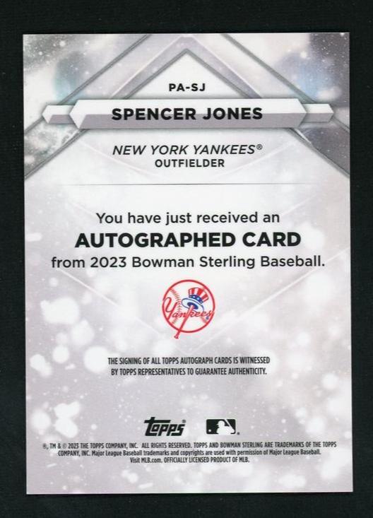 2023 Bowman Sterling PA-SJ Spencer Jones /125 New York Yankees Auto