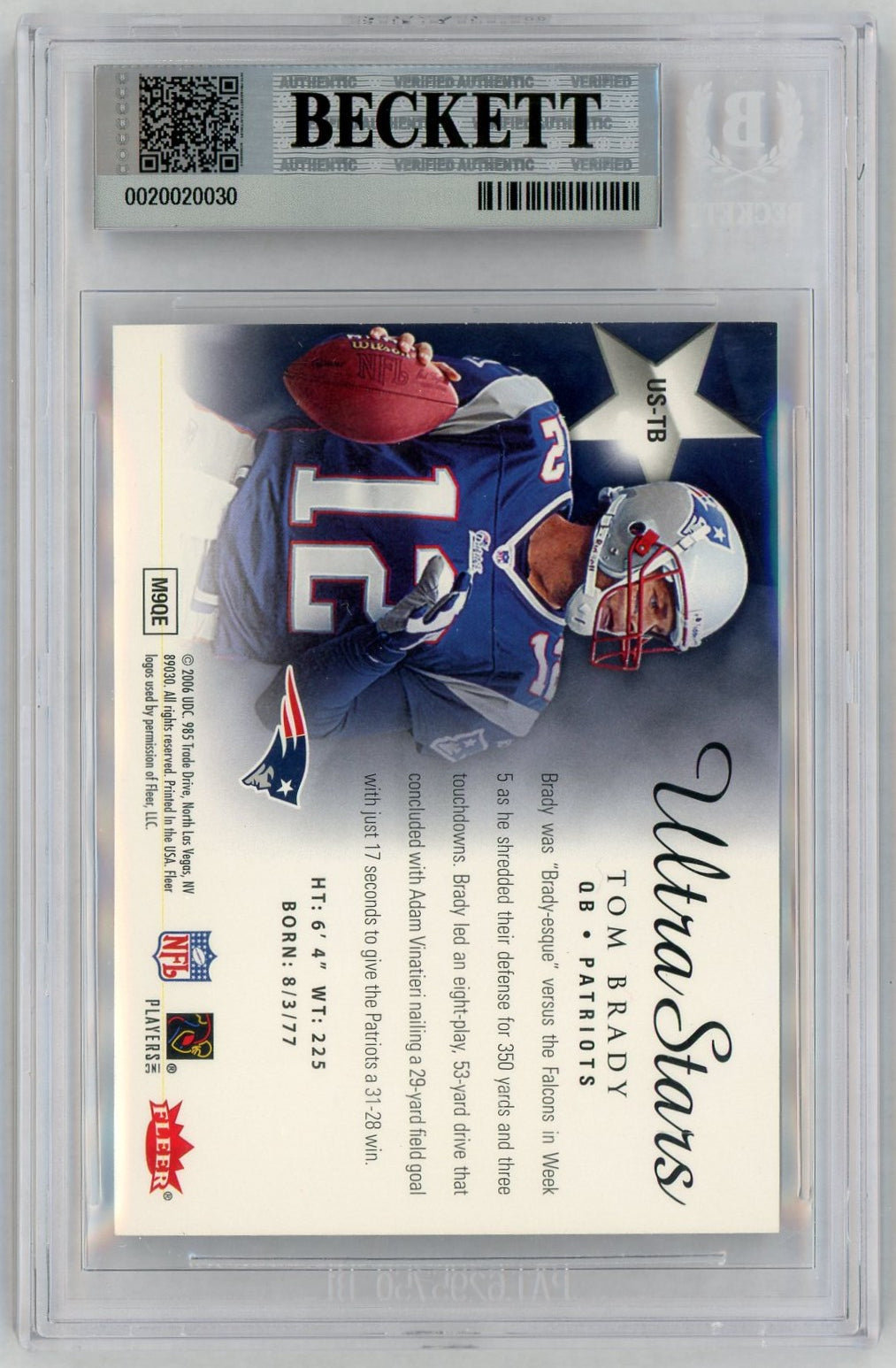 2006 Ultra #USTB Tom Brady Stars BGS 9