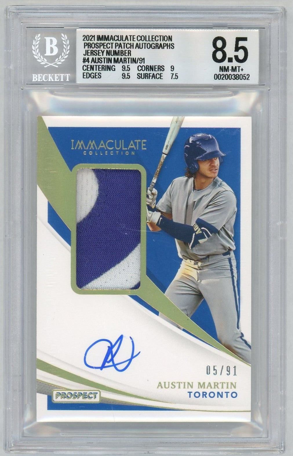 2021 Immaculate Collection #PPA-AM Austin Martin Prospect Patch Auto /91 BGS 8.5