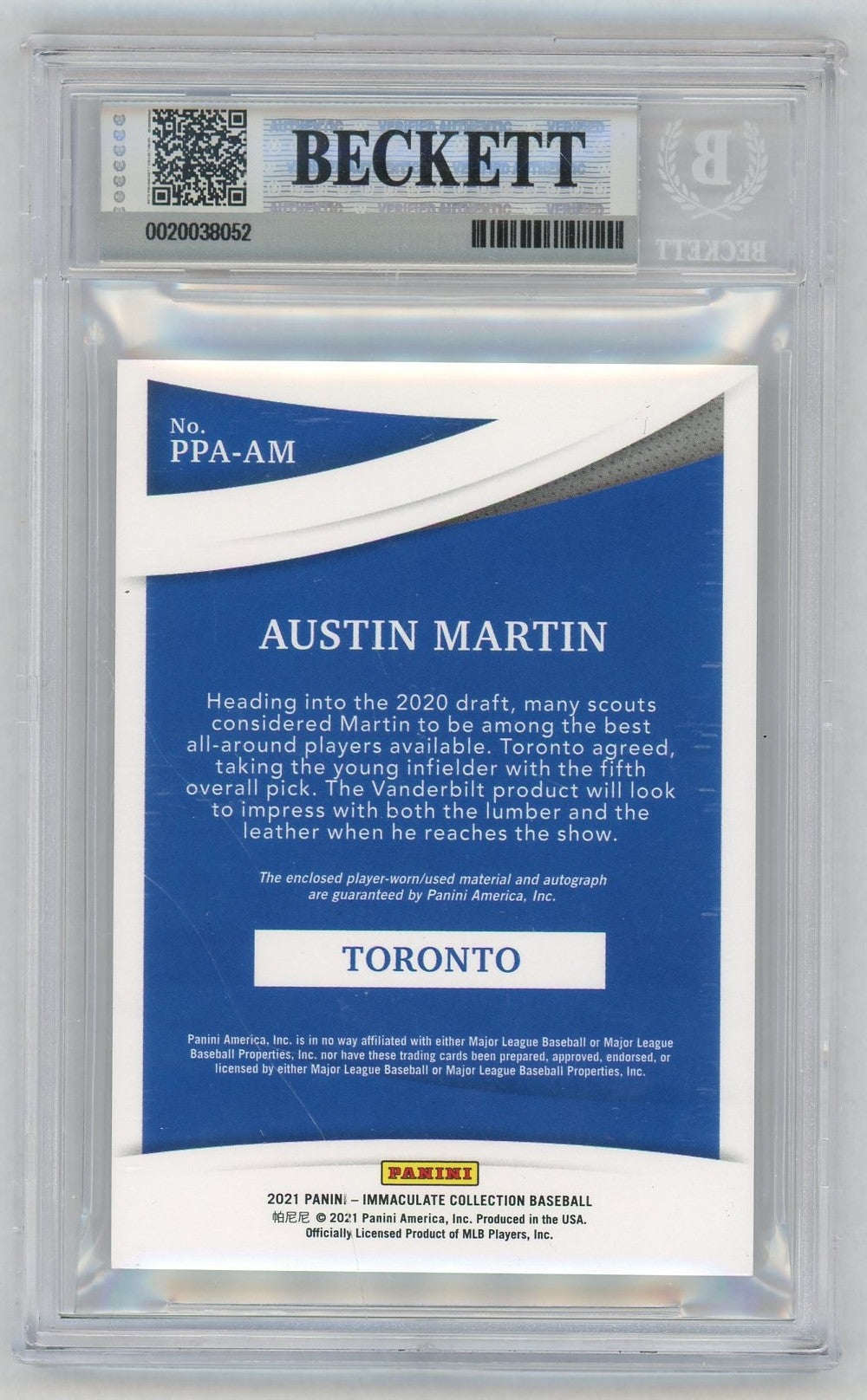2021 Immaculate Collection #PPA-AM Austin Martin Prospect Patch Auto /91 BGS 8.5