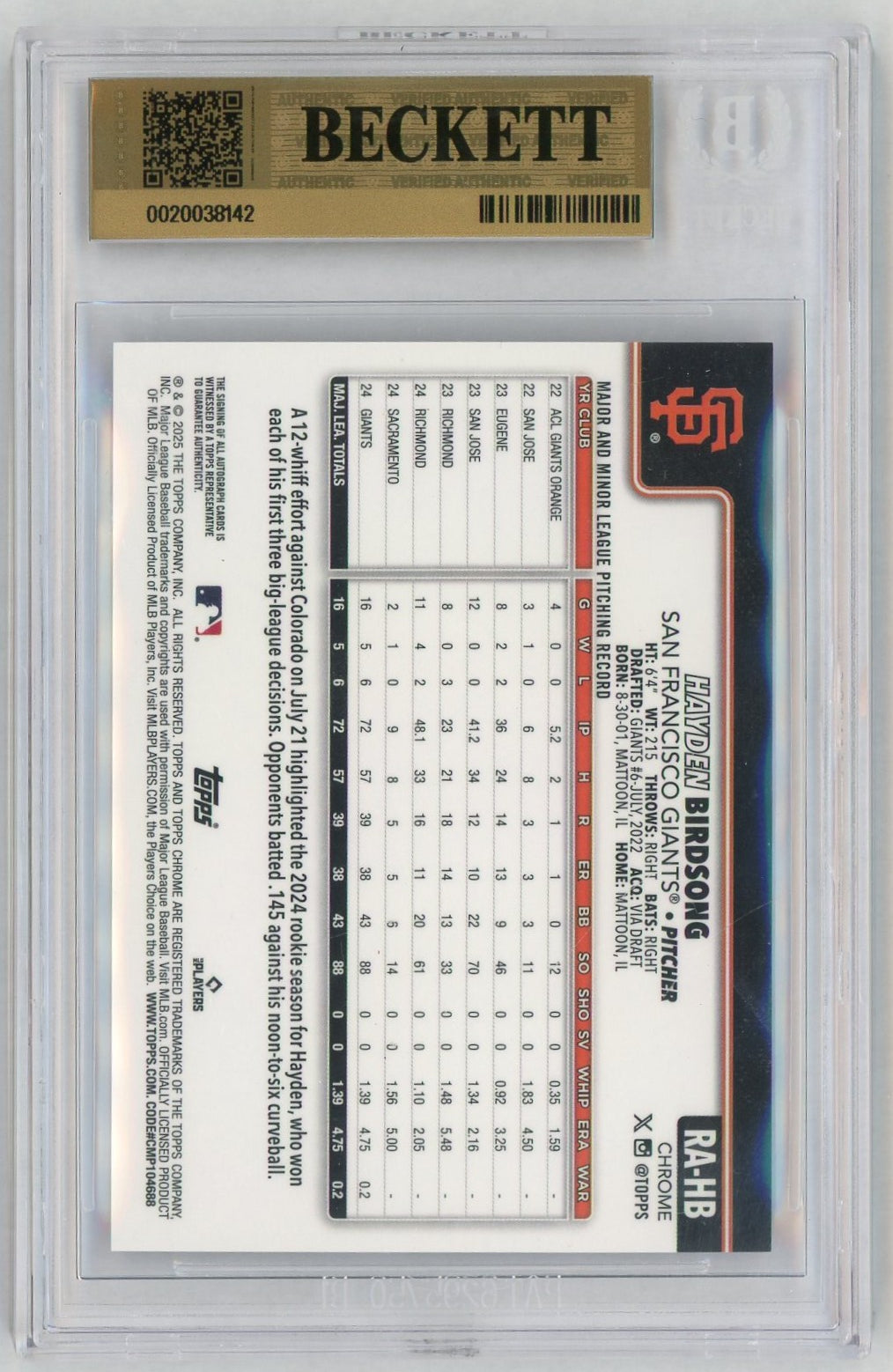 2025 Topps Chrome #RAHB Hayden Birdsong Purple Refractor Rookie RC Auto /250 BGS 9.5