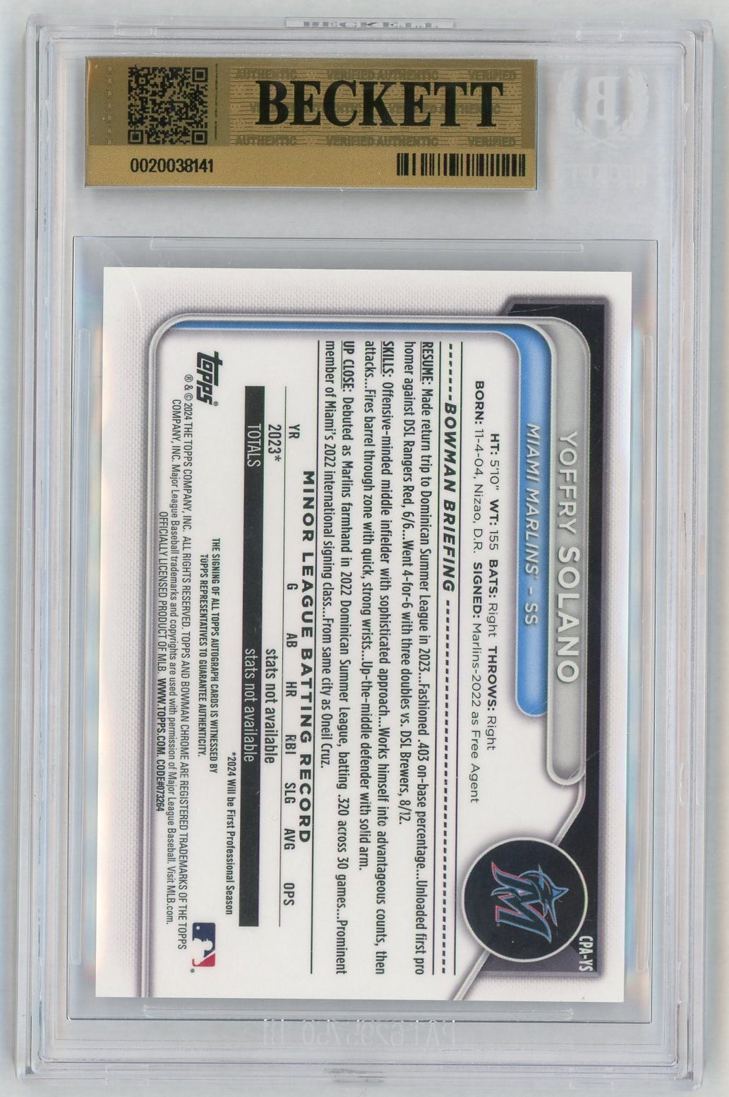 2024 Bowman Chrome #CPA-YS Yoffry Solano Rookie RC Auto BGS Pristine 10