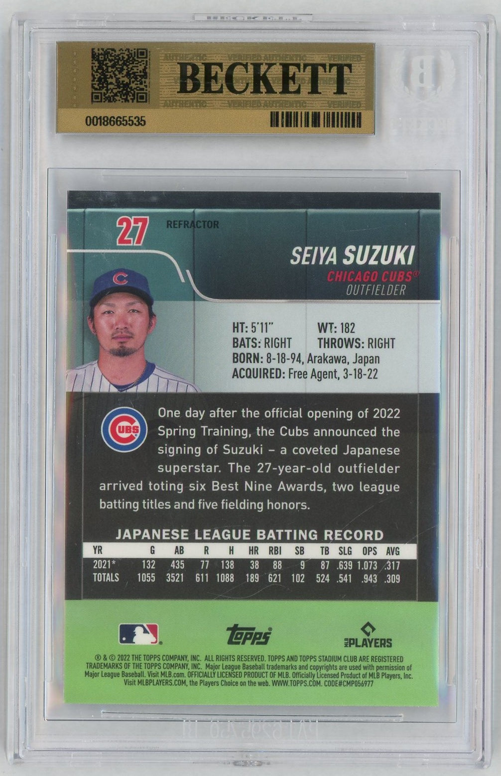 2022 Stadium Club Chrome Refractor Seiya Suzuki #27 BGS 10 0018665535
