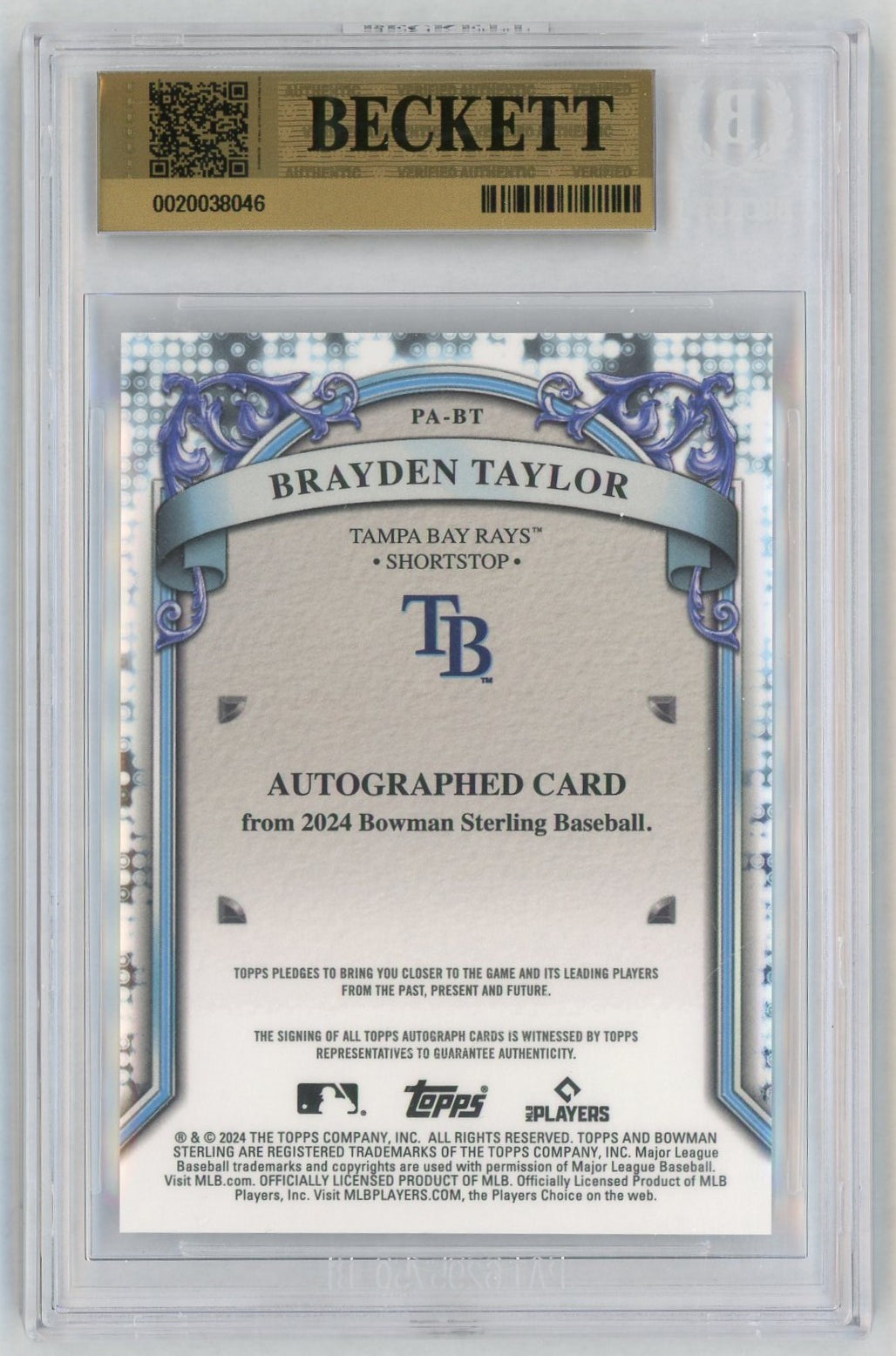 2024 Bowman Sterling #PA-BT Brayden Taylor Prospect Auto BGS Pristine 10