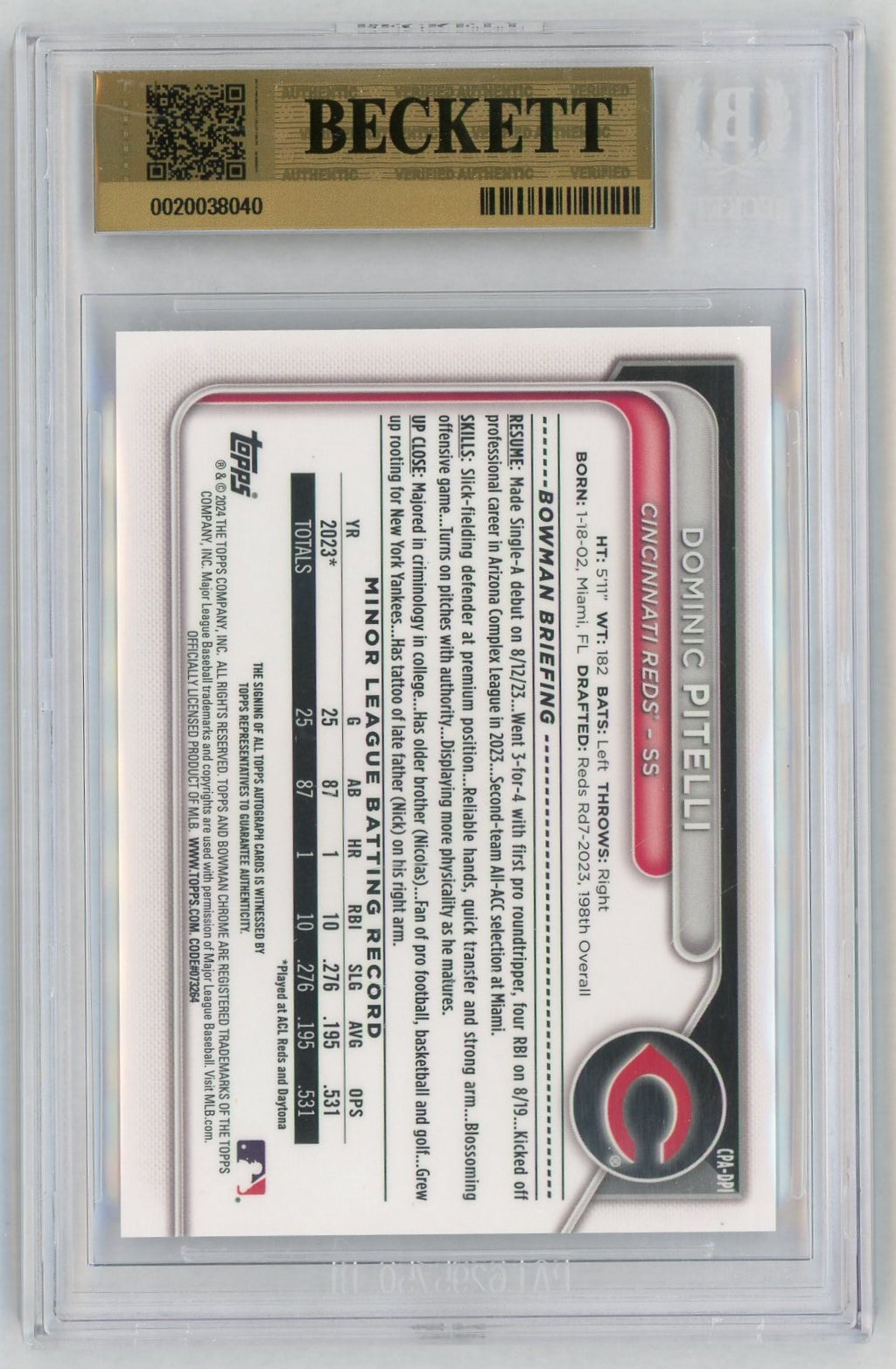 2024 Bowman Chrome #CPADP Dominic Pitelli 1st Rookie RC Speckle Refractor Auto /299 BGS 9.5