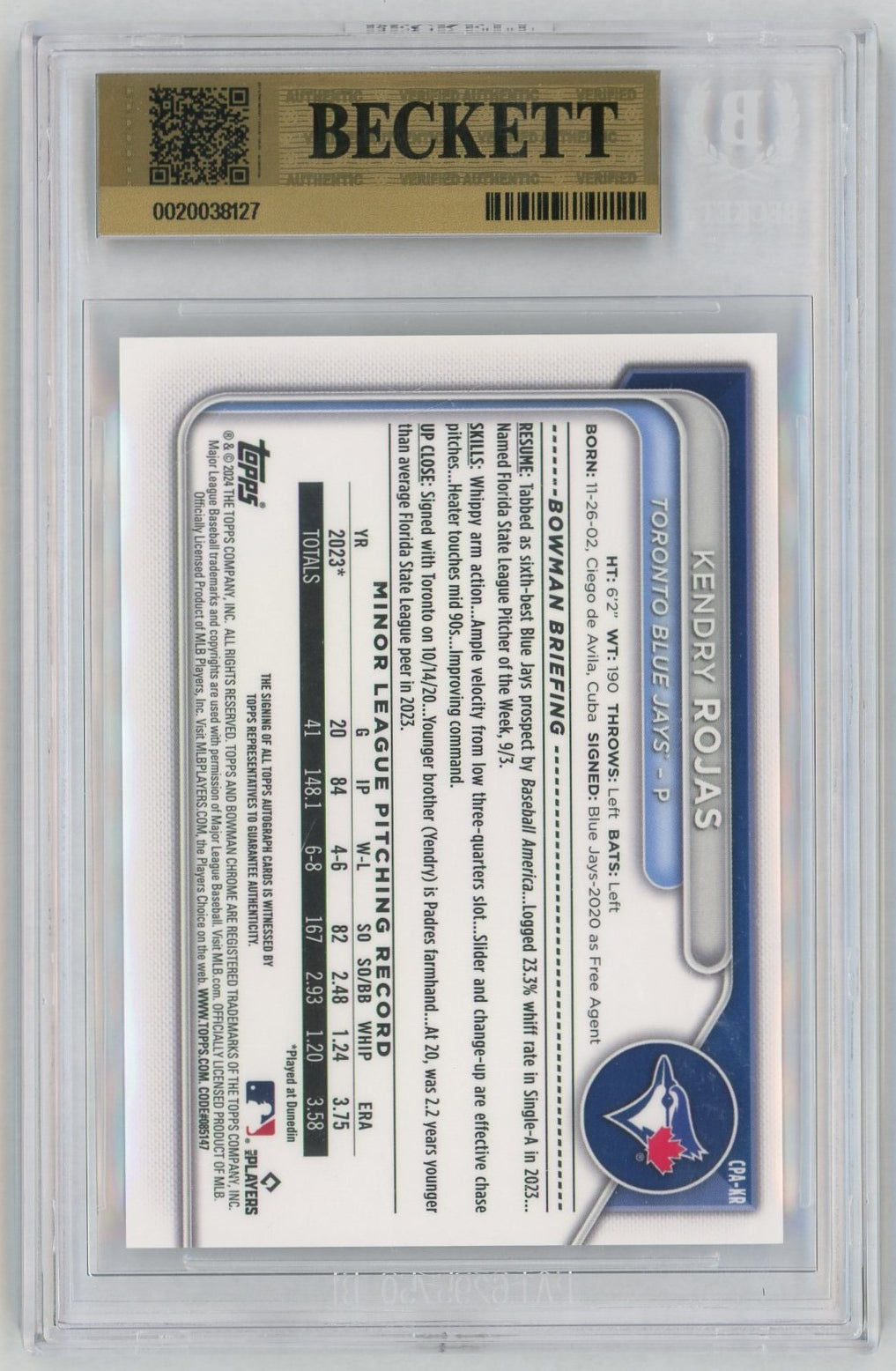 2024 Bowman Chrome Kendry Rojas 1st Rookie RC Auto BGS 9.5