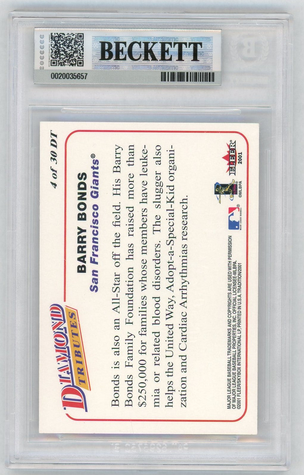 2001 Fleer Tradition #DT4 Barry Bonds Diamond Tributes BGS 8.5