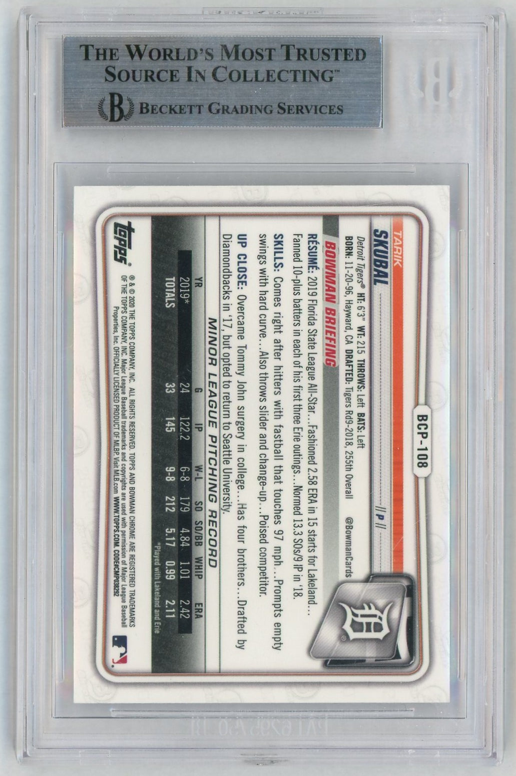 2020 Bowman Chrome Prospect Tarik Skubal #BCP108 BGS 9