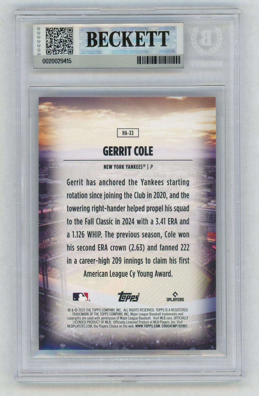 2025 Topps Series 2 Gerrit Cole #HA-33 BGS 9
