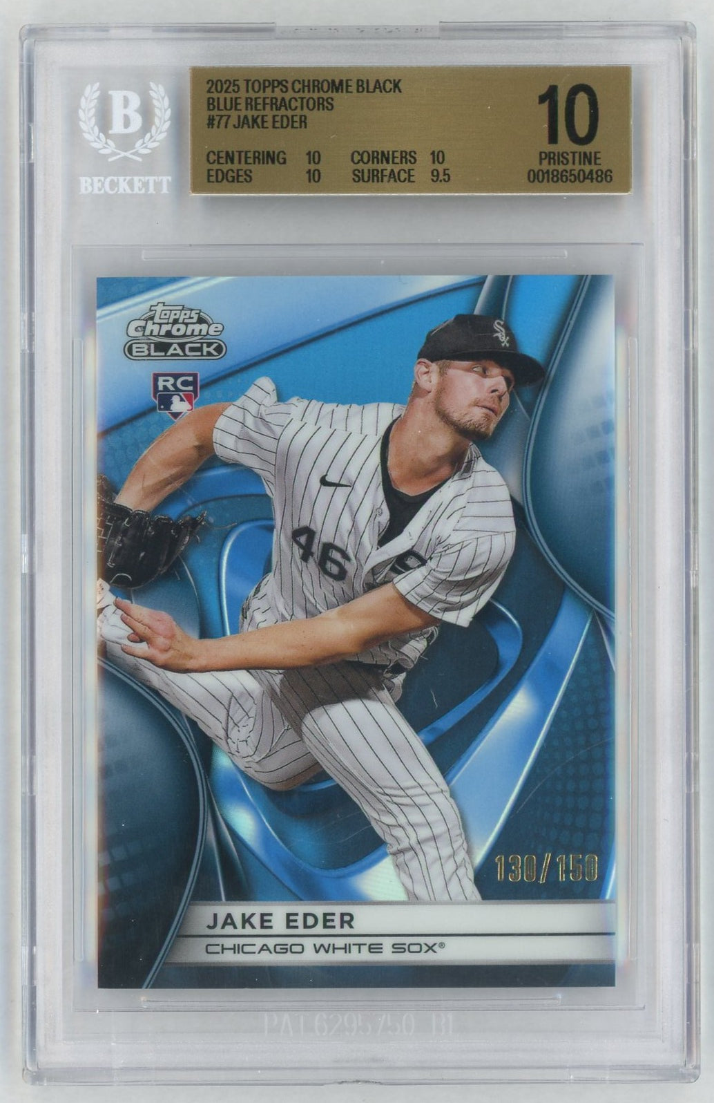 2025 Topps Chrome Black #77 Jake Eder Rookie RC Blue Refractor /150 BGS Pristine 10