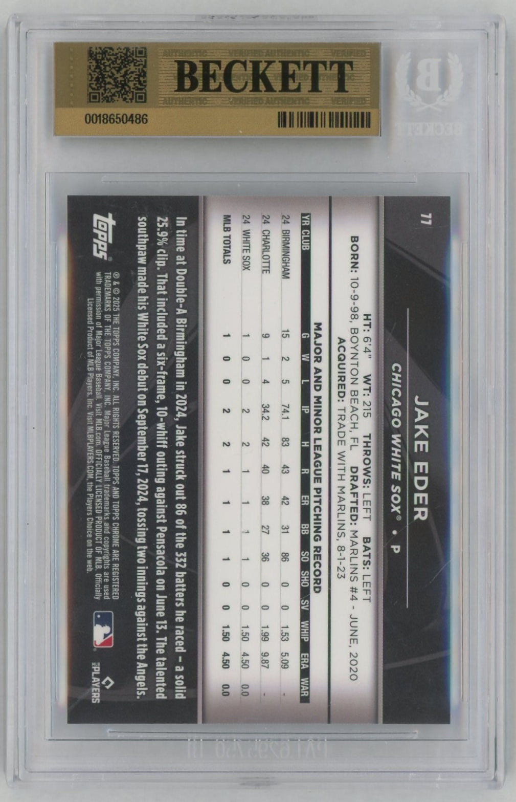 2025 Topps Chrome Black #77 Jake Eder Rookie RC Blue Refractor /150 BGS Pristine 10