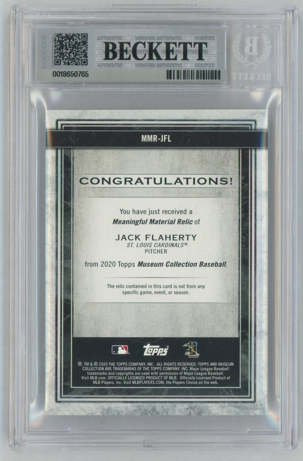 2020 Topps Museum Collection Meaningful Material Relics Ruby Jack Flaherty #MMRJFL /10 BGS 9