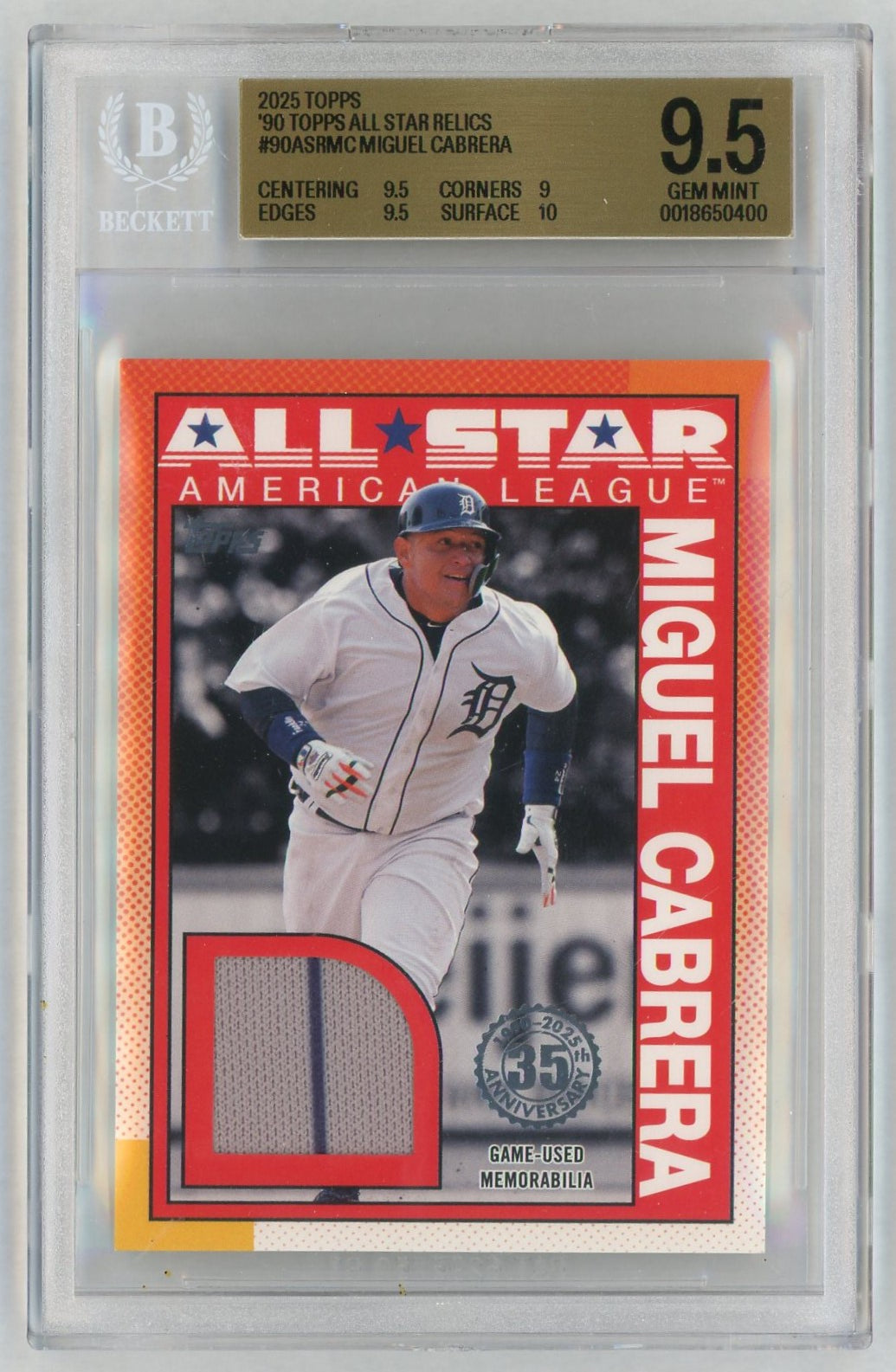 2025 Topps 1990 All-Star Game Used Relics Patch Miguel Cabrera BGS 9.5