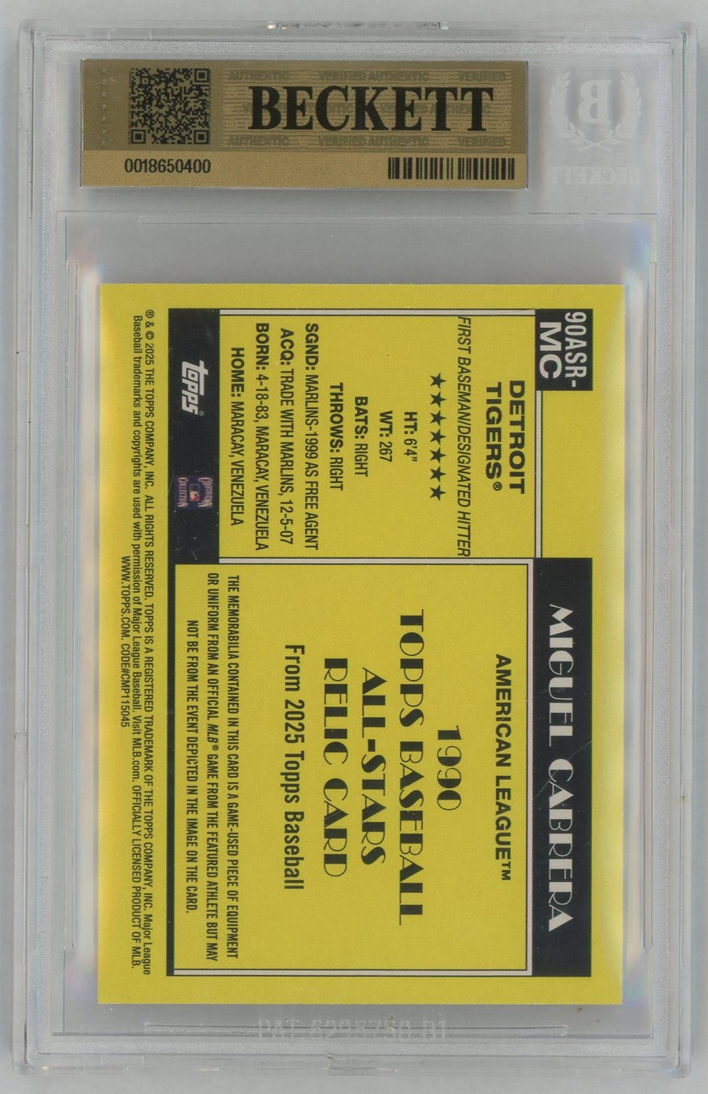 2025 Topps 1990 All-Star Game Used Relics Patch Miguel Cabrera BGS 9.5
