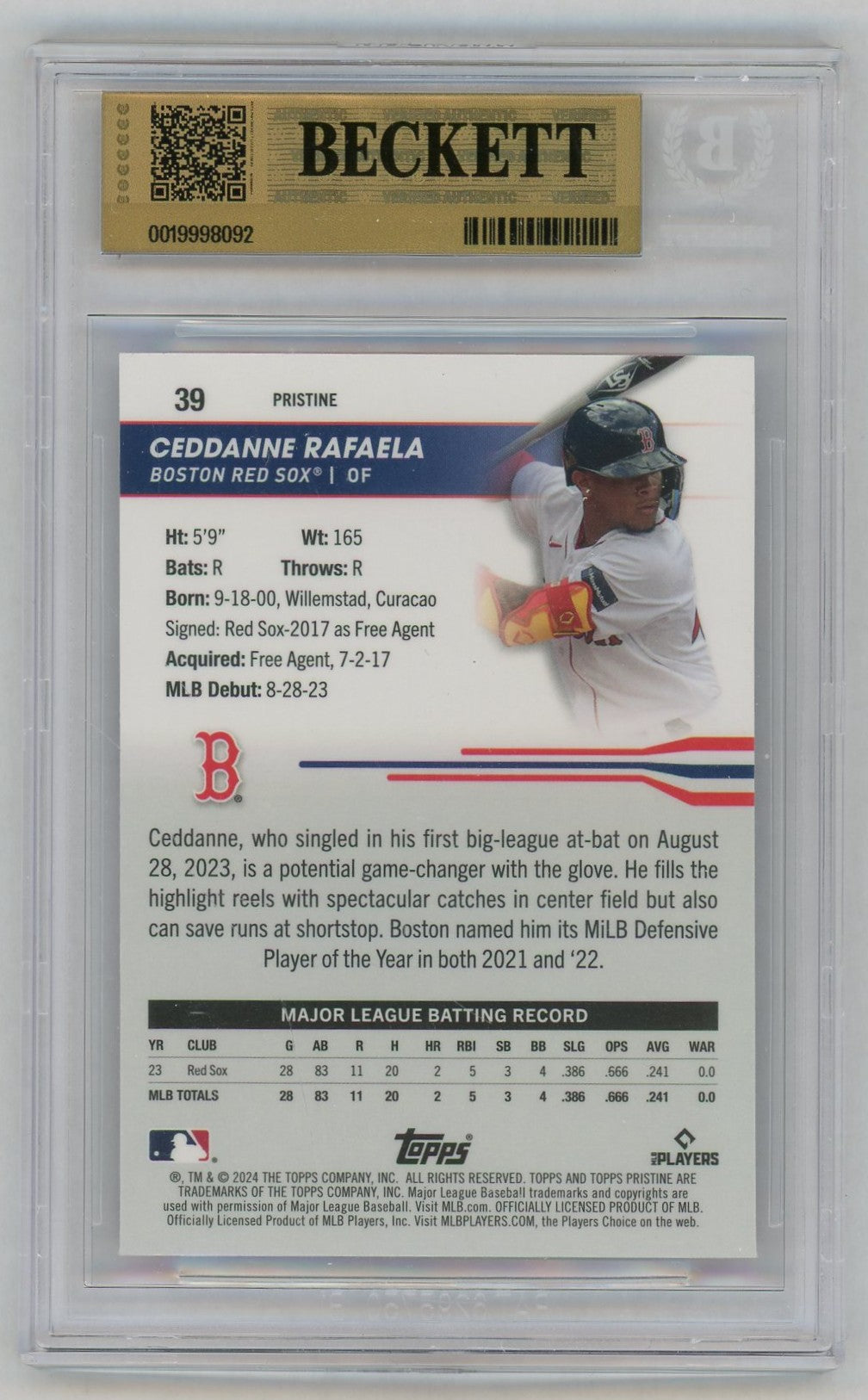 2024 Topps Pristine #39 Ceddanne Rafaela Rookie RC Purple Refractor /99 BGS 9.5