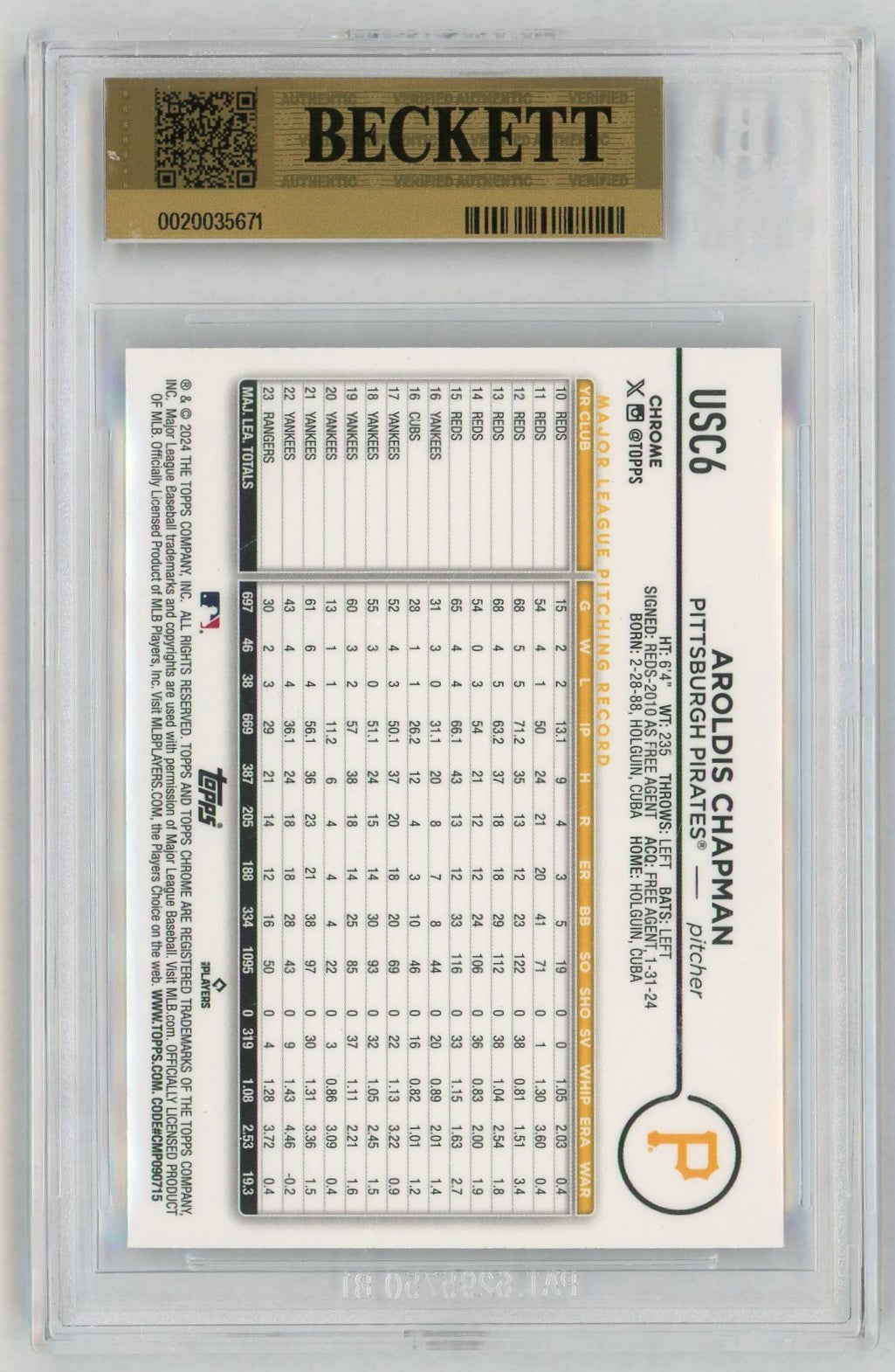 2024 Topps Chrome Update #USC6 Aroldis Chapman Gold Mini-Diamond /50 BGS 9.5