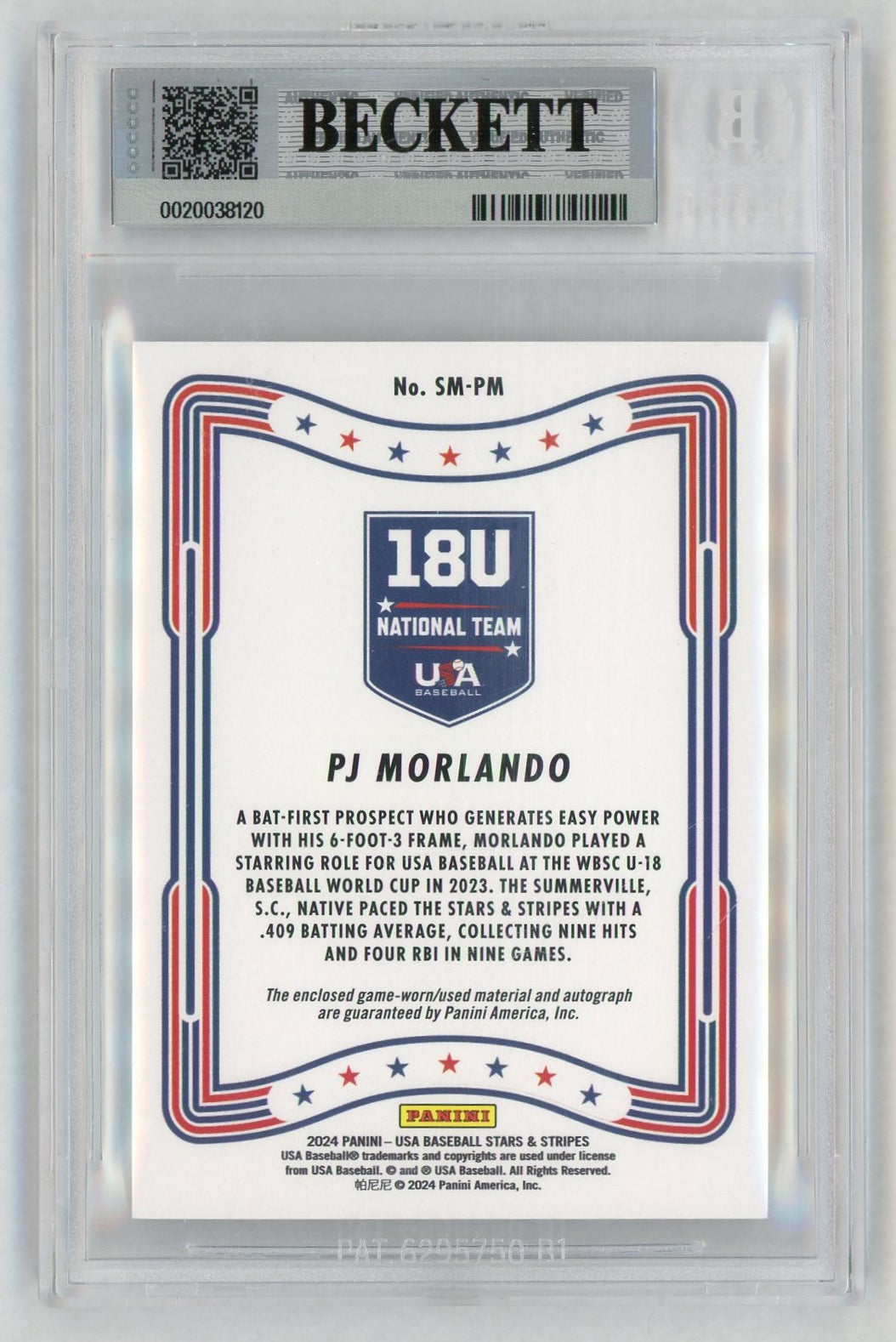 2024 Stars & Stripes #SM-PM PJ Morlando 18U Signature Material Patch Auto BGS 9
