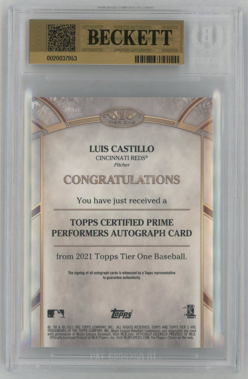 2021 Tier One #PPA-LC Luis Castillo Prime Performers Auto /300 BGS 9.5