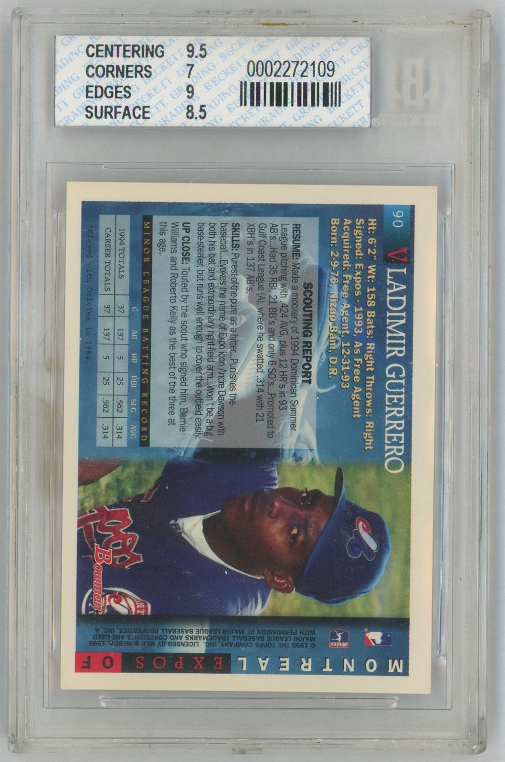 1995 Bowman #90 Vladimir Guerrero Rookie RC BGS 7.5