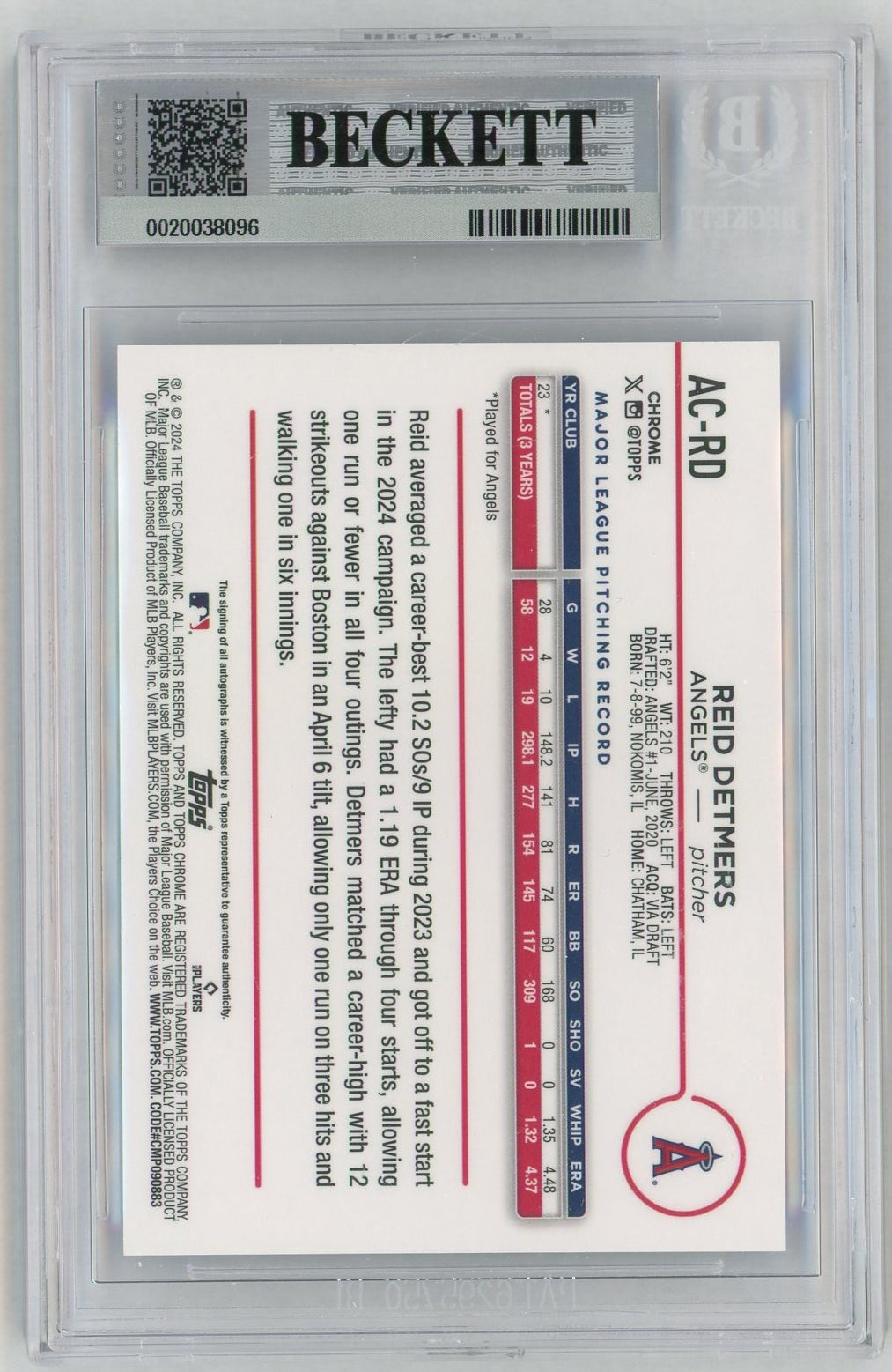 2024 Topps Chrome Update #AC-RD Reid Detmers Blue Refractor Auto /150 BGS 8.5