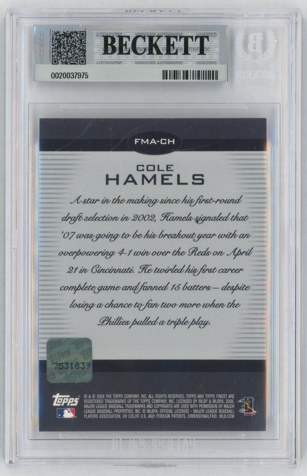 2008 Topps Finest #FMA-CH Cole Hamels Moments Auto BGS 9