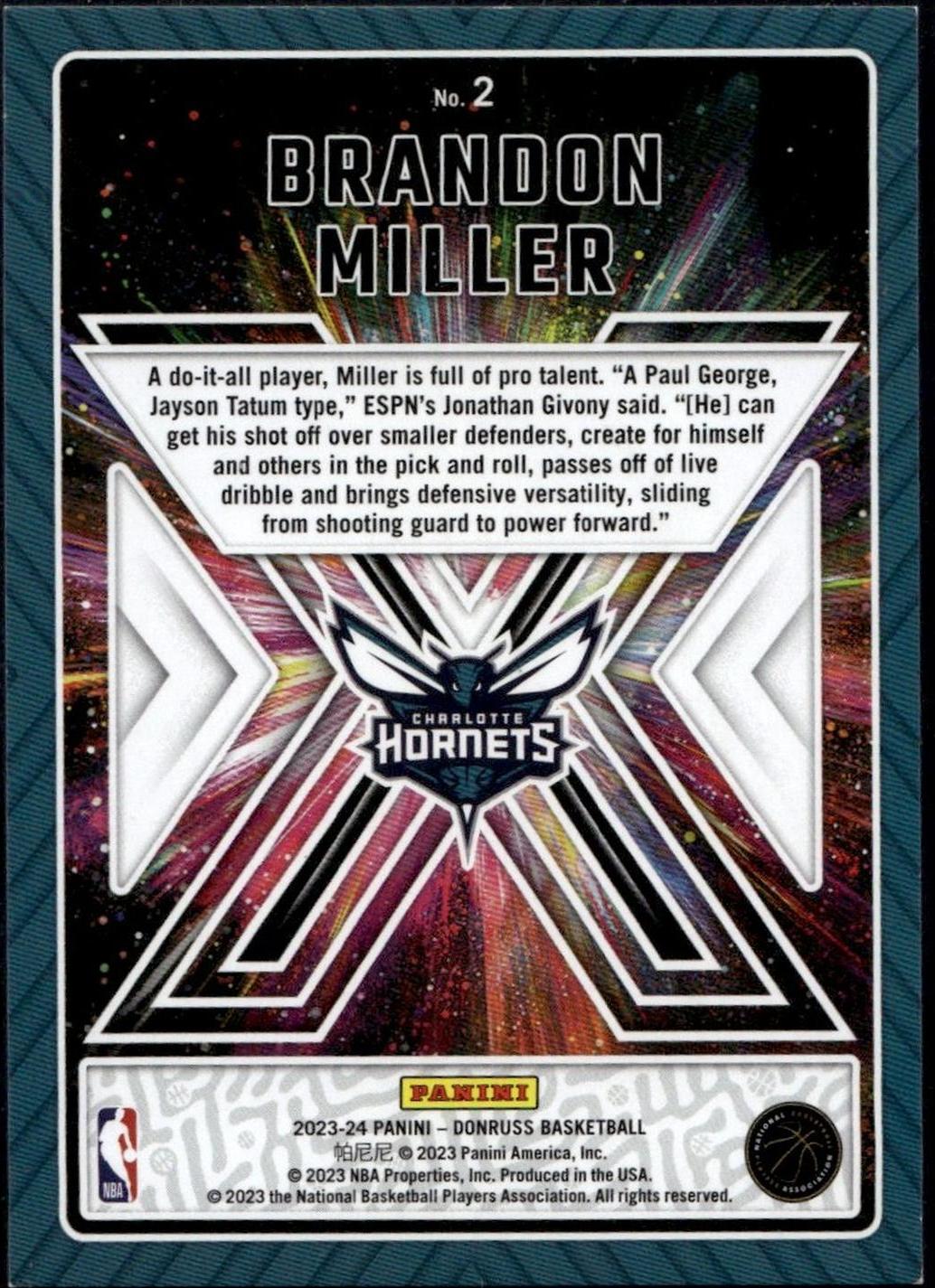 2023 Panini Donruss #2 Brandon Miller Great X-Pectations Rookie