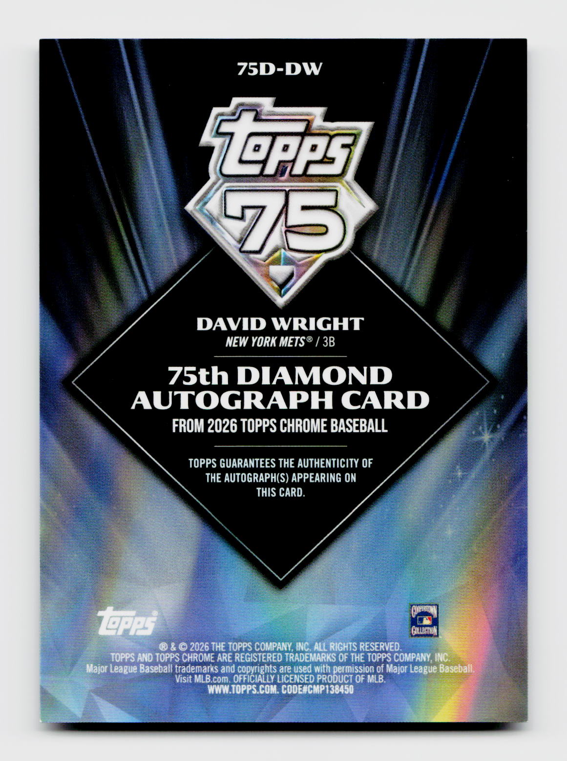 2026 Topps Chrome David Wright 75th Diamond Auto Orange /25 #75D-DW