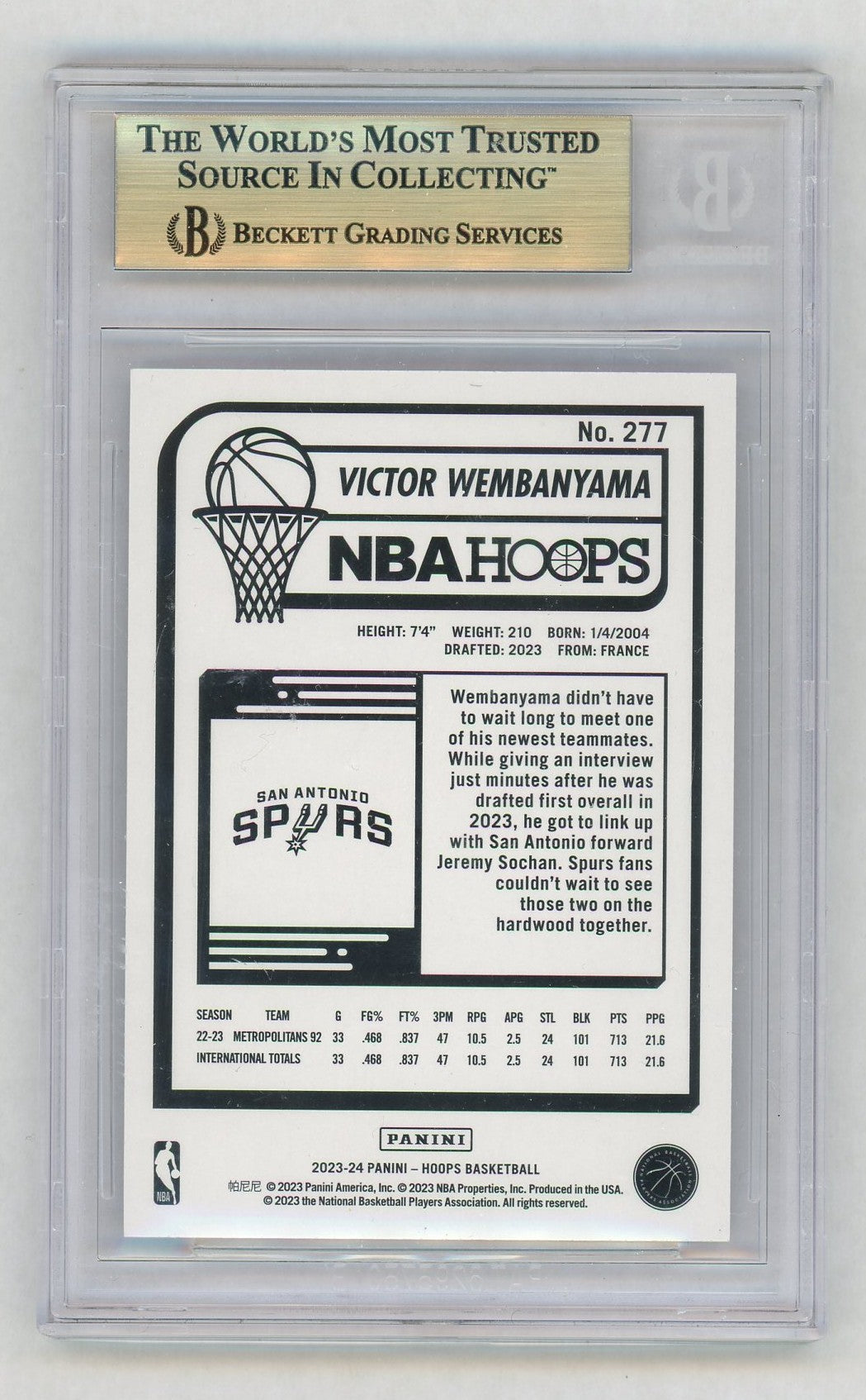 2023 NBA Hoops #277 Victor Wembanyama Rookie RC BGS 9.5