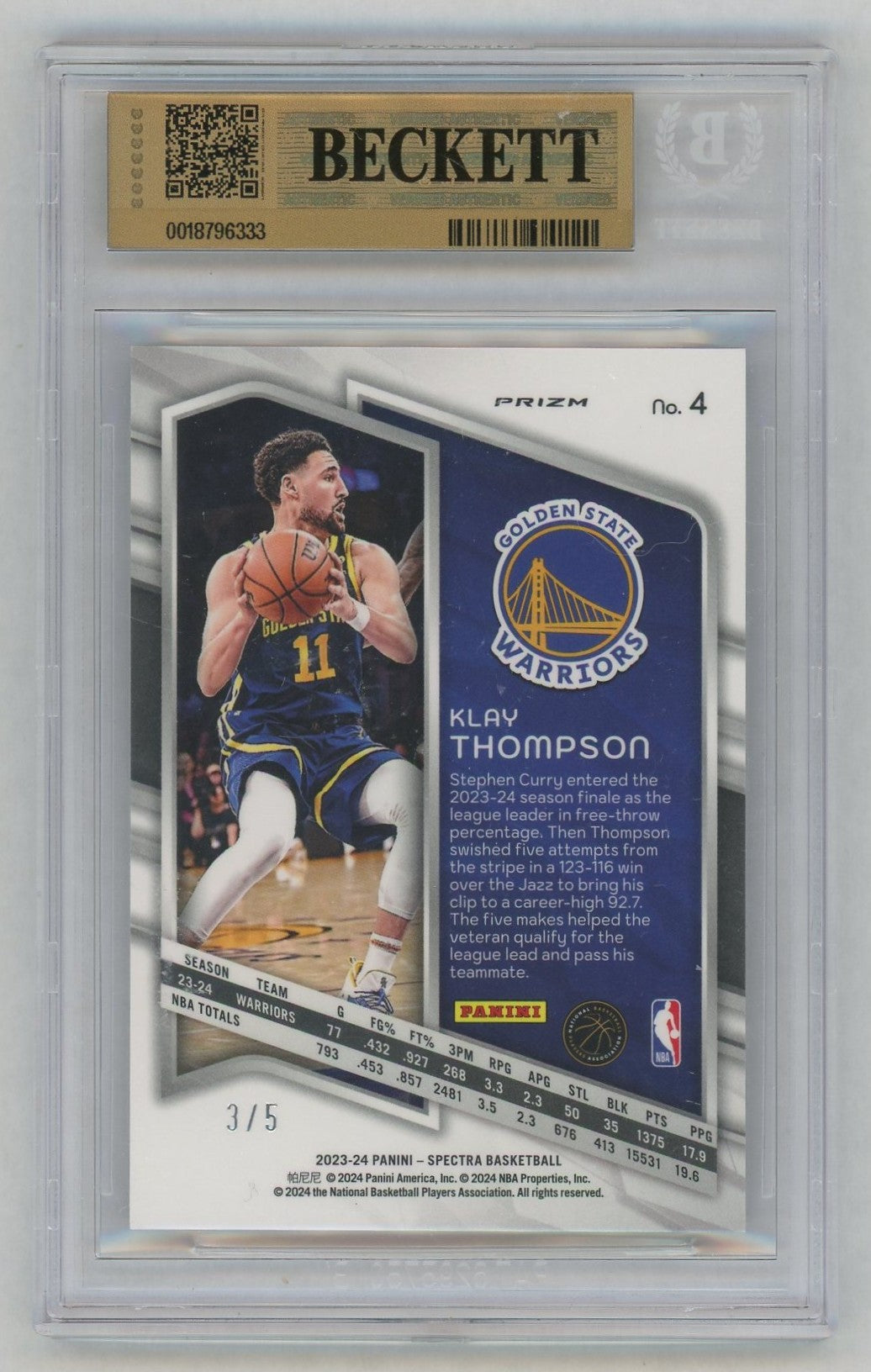 2023 Spectra #4 Klay Thompson Ruby FOTL /15 BGS 9.5