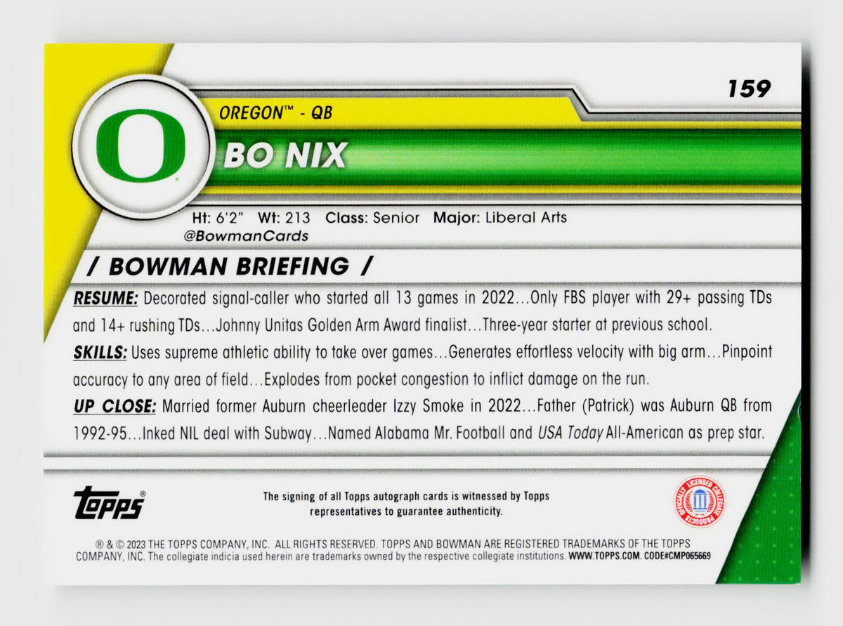 2023 Bowman Chrome U Bo Nix #159 Auto