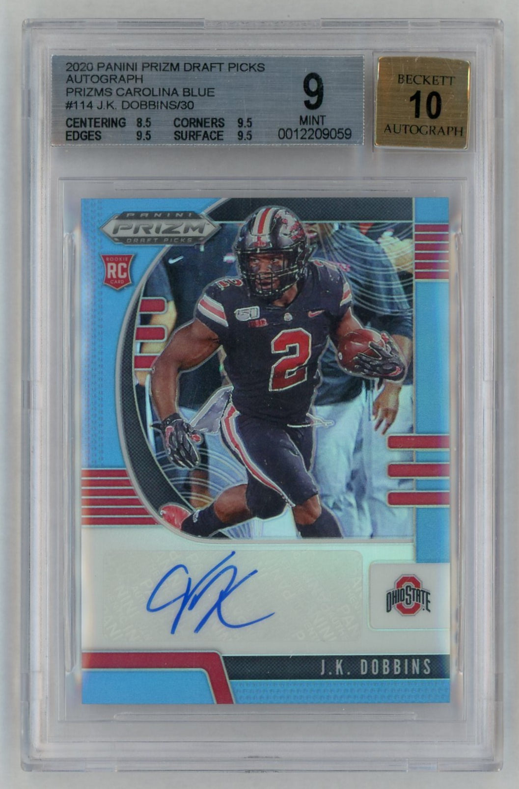 2020 Prizm Draft Picks #114 JK Dobbins Rookie RC Auto Carolina Blue /30 BGS 9
