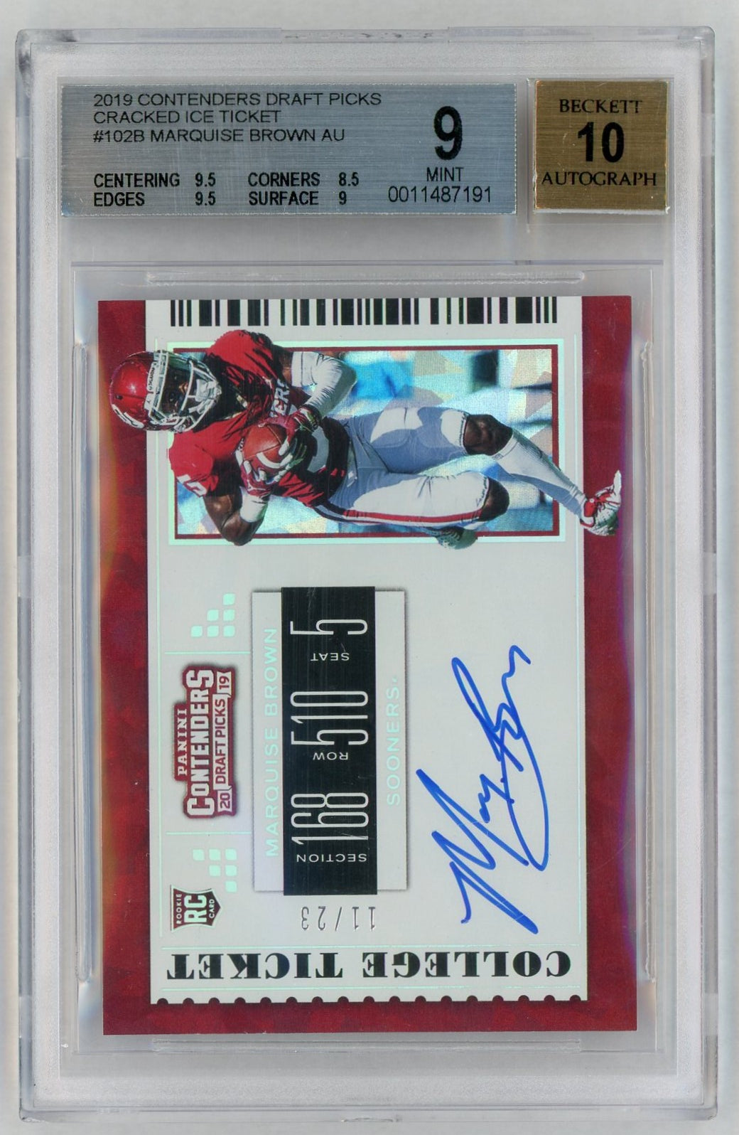 2019 Panini Contenders Draft Picks Cracked Ice Marquise Brown #102B /23 BGS 9