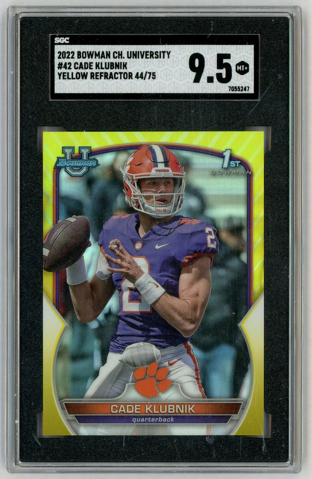 2022 Bowman Chrome U #42 Cade Klubnik 1st Rookie RC True Yellow Refractor /75 SGC 9.5