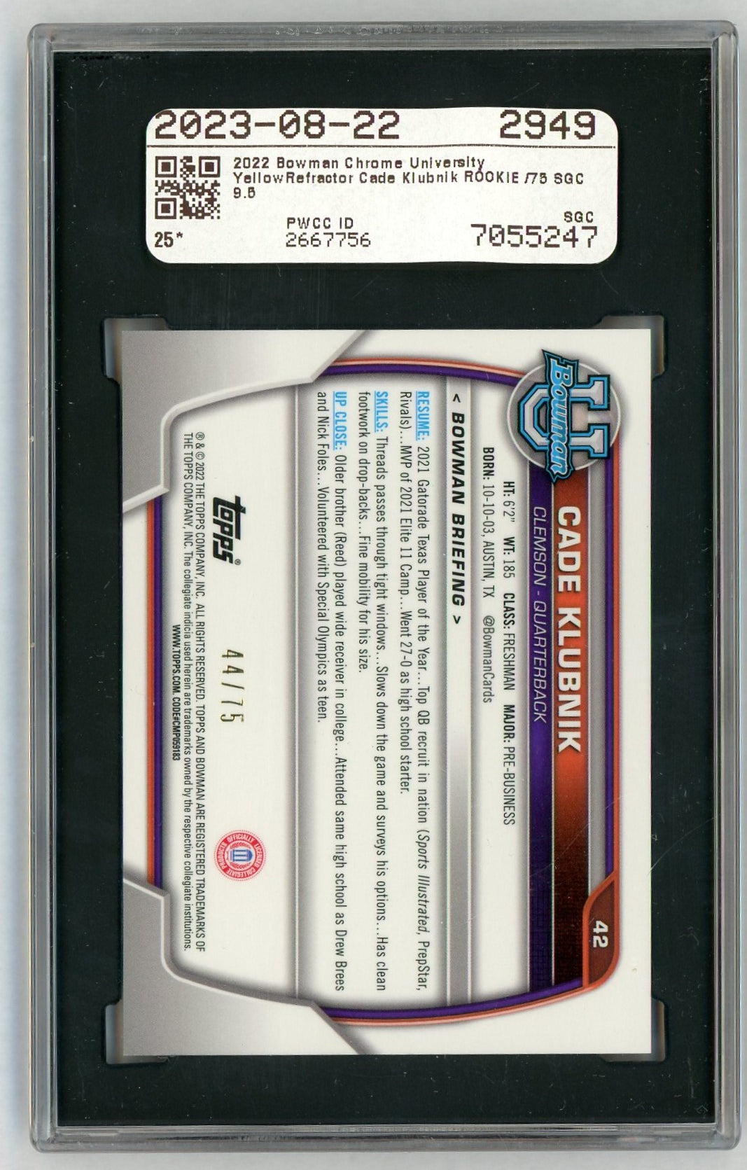 2022 Bowman Chrome U #42 Cade Klubnik 1st Rookie RC True Yellow Refractor /75 SGC 9.5