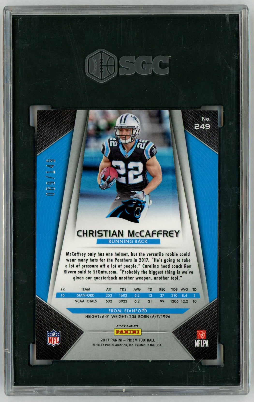 2017 Prizm #249 Christian McCaffrey Rookie RC Blue Wave /149 SGC 9