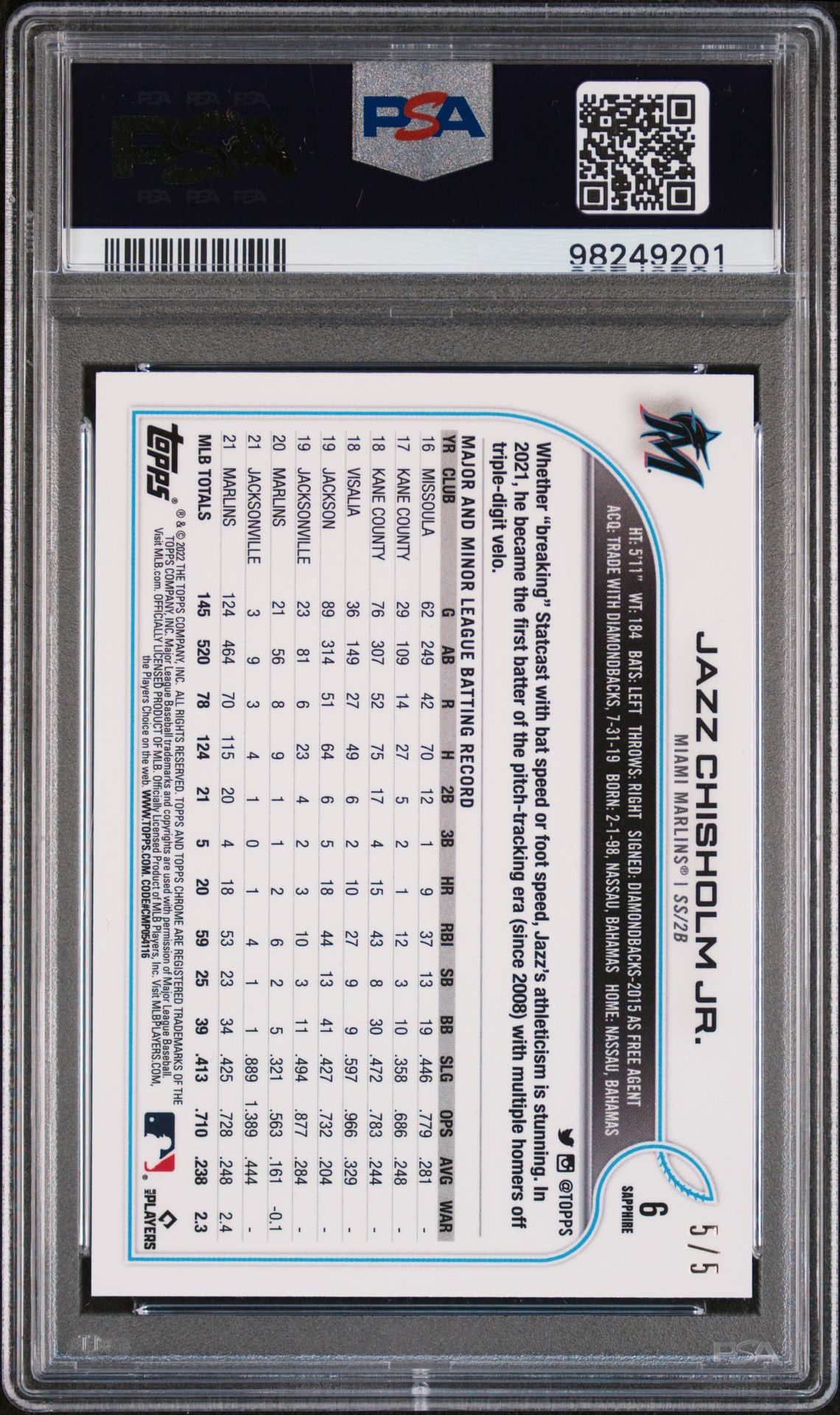 2022 Topps Chrome Sapphire Edition Red Jazz Chisholm Jr. #6 /5 5/5 PSA 10