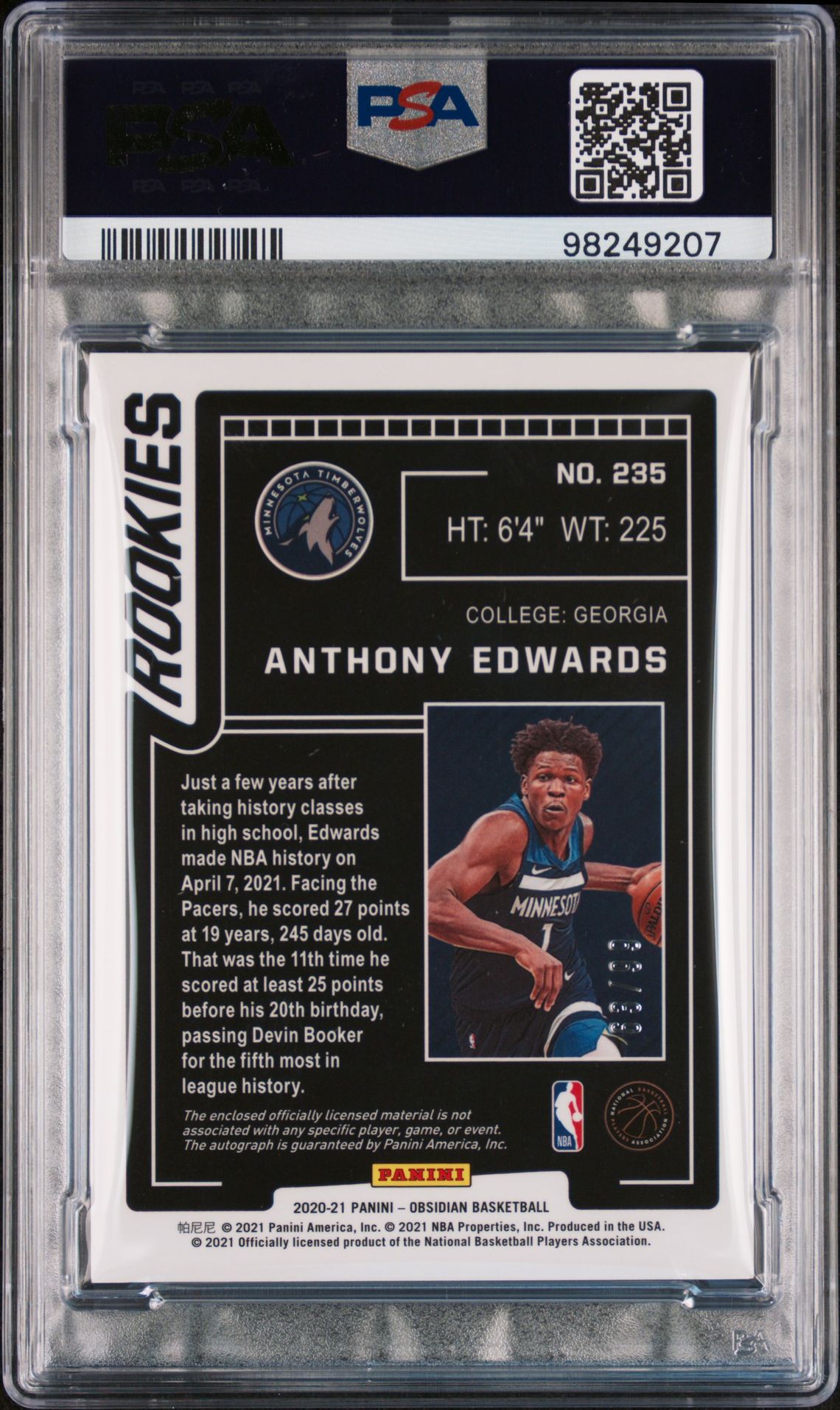 2020 Panini Obsidian #235 Anthony Edwards /99 PSA 8